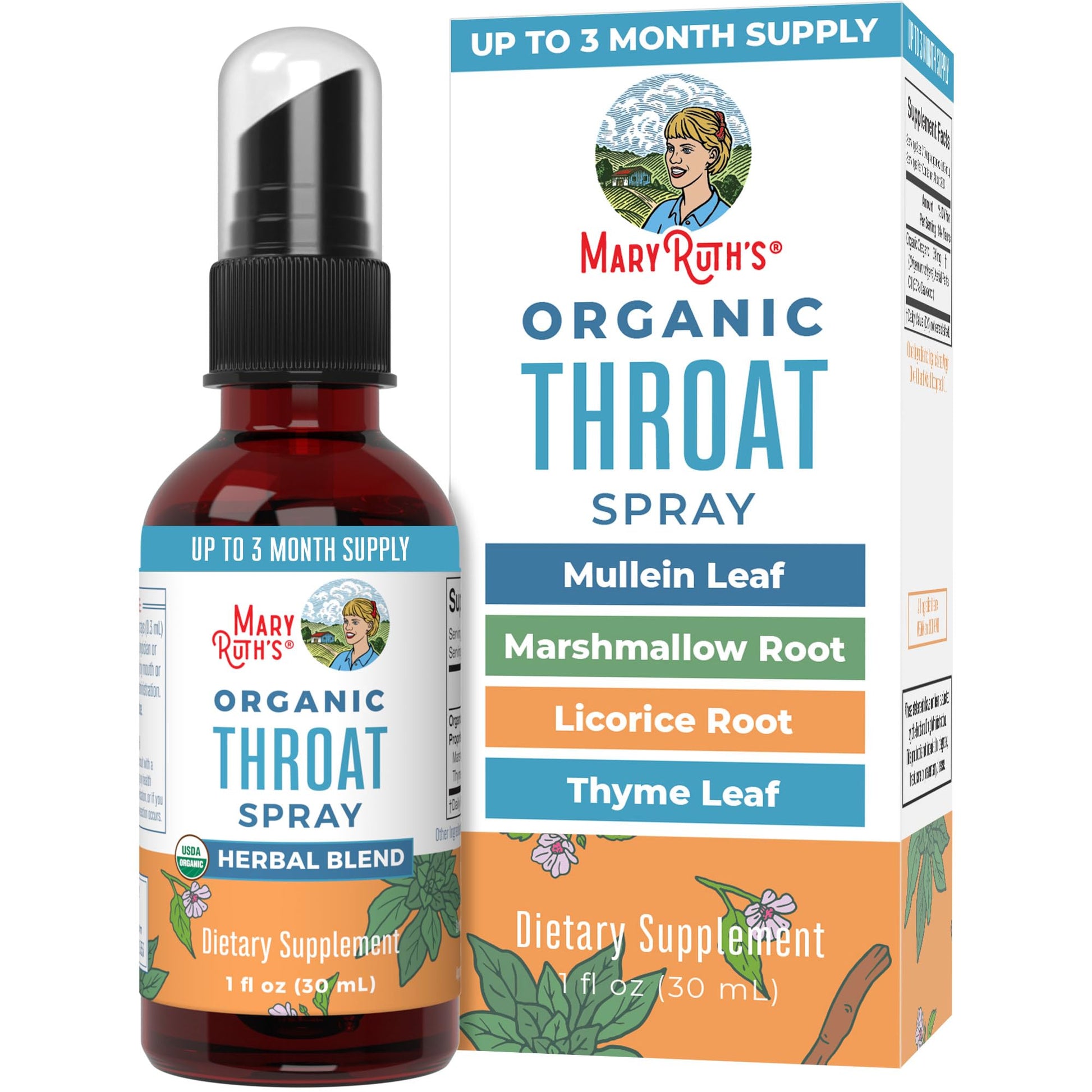 MaryRuth Organics USDA Organic Throat Spray with Mullein Leaf | Marshmallow Root & Licorice Root & Thyme Leaf | 4 Herbal Blend | Non-GMO | Vegan | Gluten Free | 1 Fl Oz | Up to 100 Servings - Maple Wellness Supplements