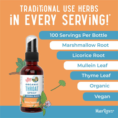 MaryRuth Organics USDA Organic Throat Spray with Mullein Leaf | Marshmallow Root & Licorice Root & Thyme Leaf | 4 Herbal Blend | Non-GMO | Vegan | Gluten Free | 1 Fl Oz | Up to 100 Servings - Maple Wellness Supplements
