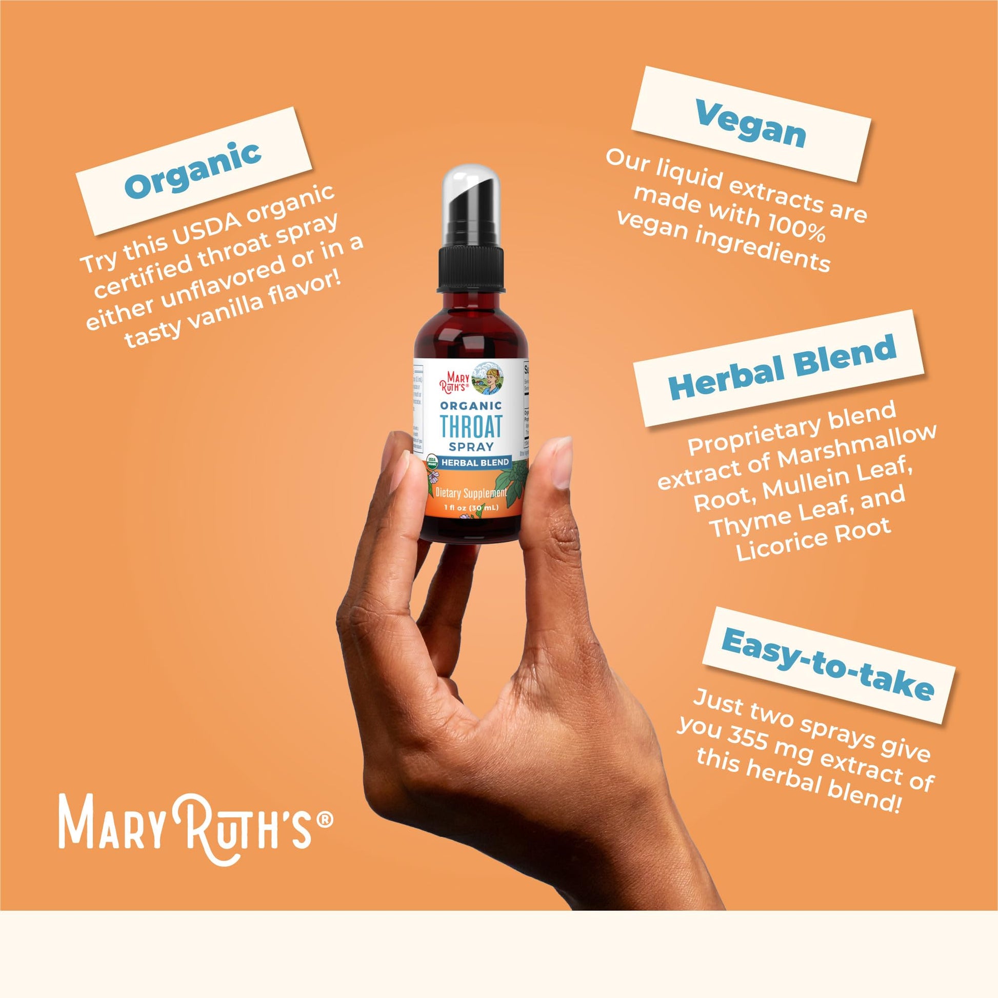 MaryRuth Organics USDA Organic Throat Spray with Mullein Leaf | Marshmallow Root & Licorice Root & Thyme Leaf | 4 Herbal Blend | Non-GMO | Vegan | Gluten Free | 1 Fl Oz | Up to 100 Servings - Maple Wellness Supplements