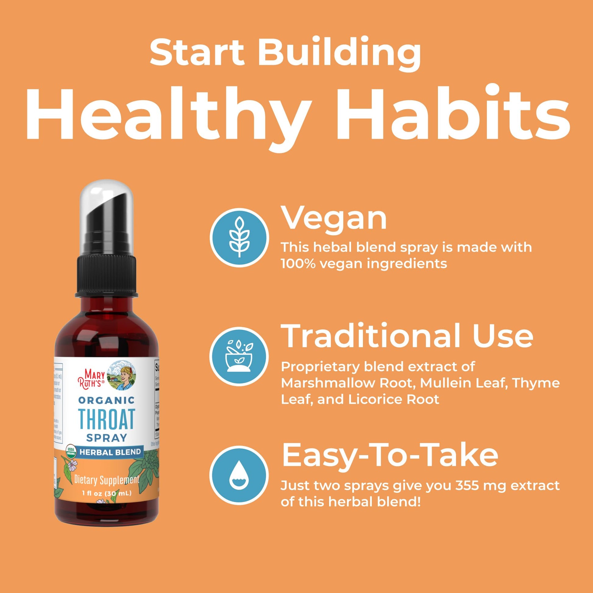 MaryRuth Organics USDA Organic Throat Spray with Mullein Leaf | Marshmallow Root & Licorice Root & Thyme Leaf | 4 Herbal Blend | Non-GMO | Vegan | Gluten Free | 1 Fl Oz | Up to 100 Servings - Maple Wellness Supplements