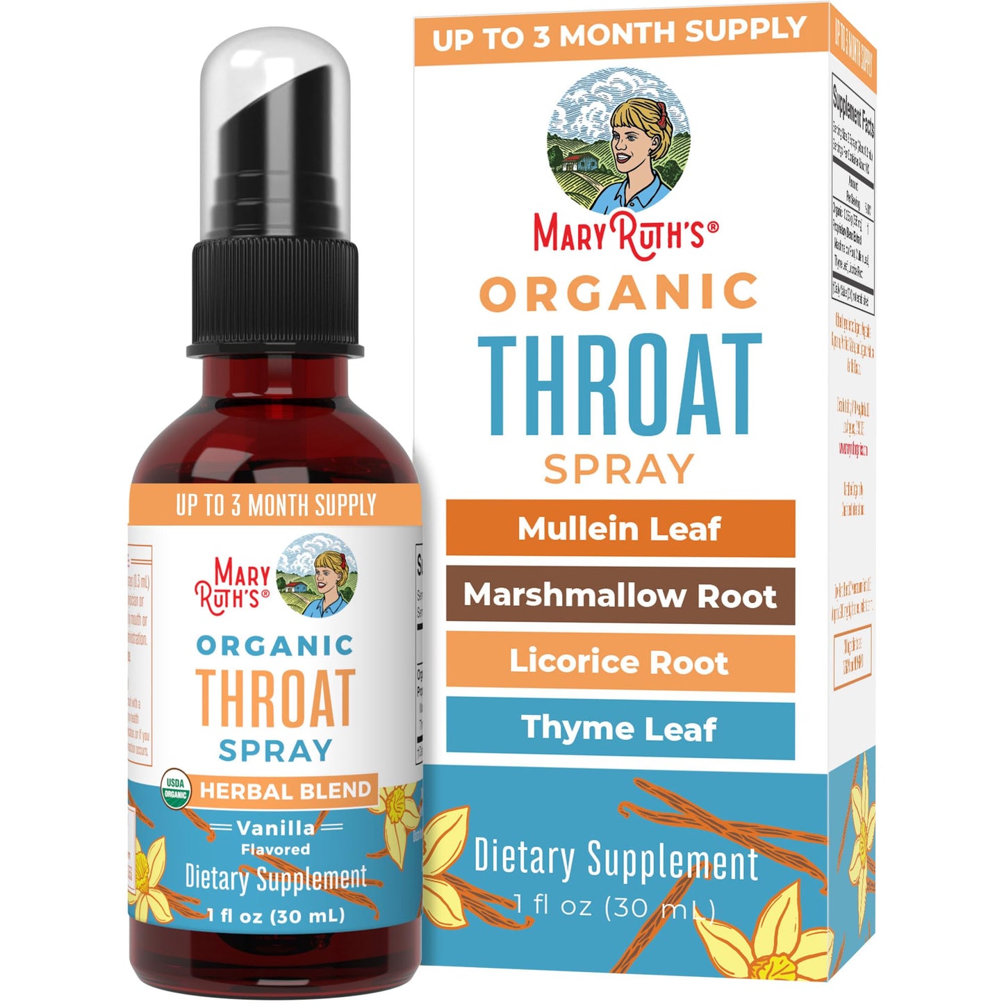 MaryRuth Organics USDA Organic Throat Spray with Mullein Leaf | Marshmallow Root & Licorice Root & Thyme Leaf | Vanilla | 4 Herbal Blend | Non-GMO | Vegan | Gluten Free | 1 Fl Oz | Up to 100 Servings - Maple Wellness Supplements