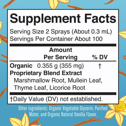 MaryRuth Organics USDA Organic Throat Spray with Mullein Leaf | Marshmallow Root & Licorice Root & Thyme Leaf | Vanilla | 4 Herbal Blend | Non-GMO | Vegan | Gluten Free | 1 Fl Oz | Up to 100 Servings - Maple Wellness Supplements
