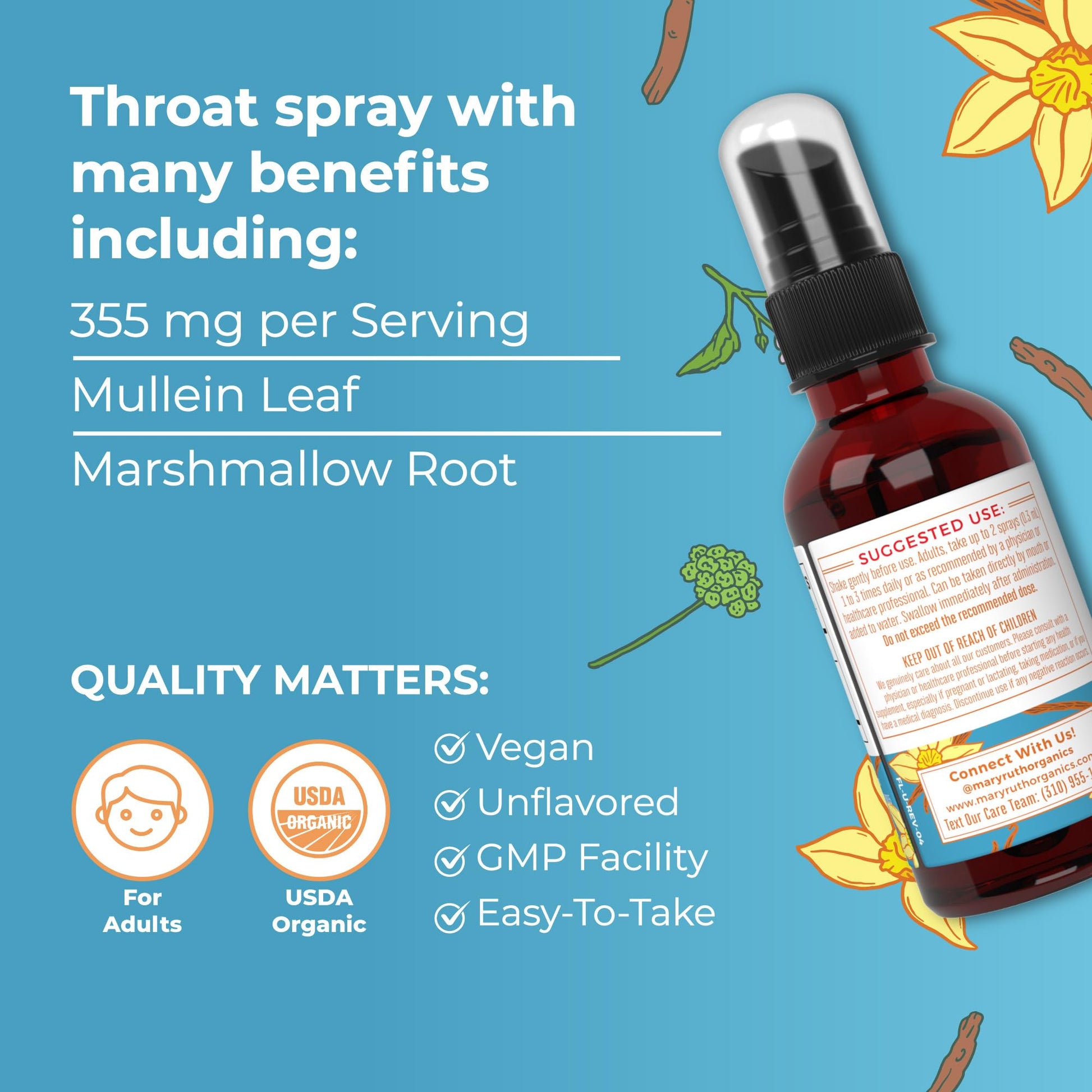 MaryRuth Organics USDA Organic Throat Spray with Mullein Leaf | Marshmallow Root & Licorice Root & Thyme Leaf | Vanilla | 4 Herbal Blend | Non-GMO | Vegan | Gluten Free | 1 Fl Oz | Up to 100 Servings - Maple Wellness Supplements