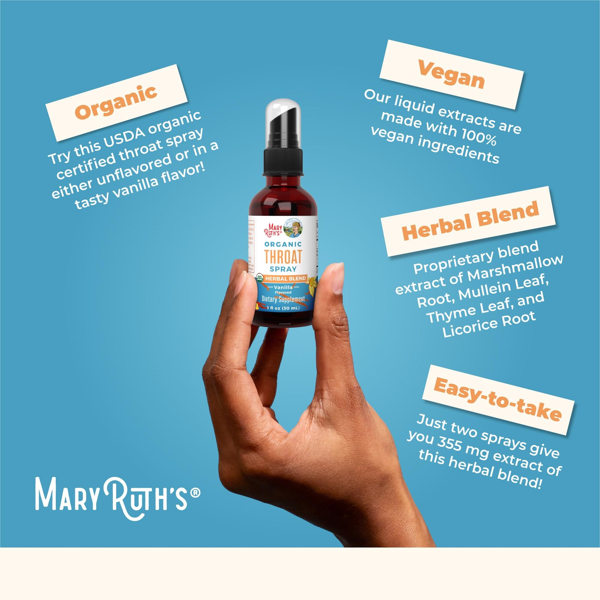 MaryRuth Organics USDA Organic Throat Spray with Mullein Leaf | Marshmallow Root & Licorice Root & Thyme Leaf | Vanilla | 4 Herbal Blend | Non-GMO | Vegan | Gluten Free | 1 Fl Oz | Up to 100 Servings - Maple Wellness Supplements