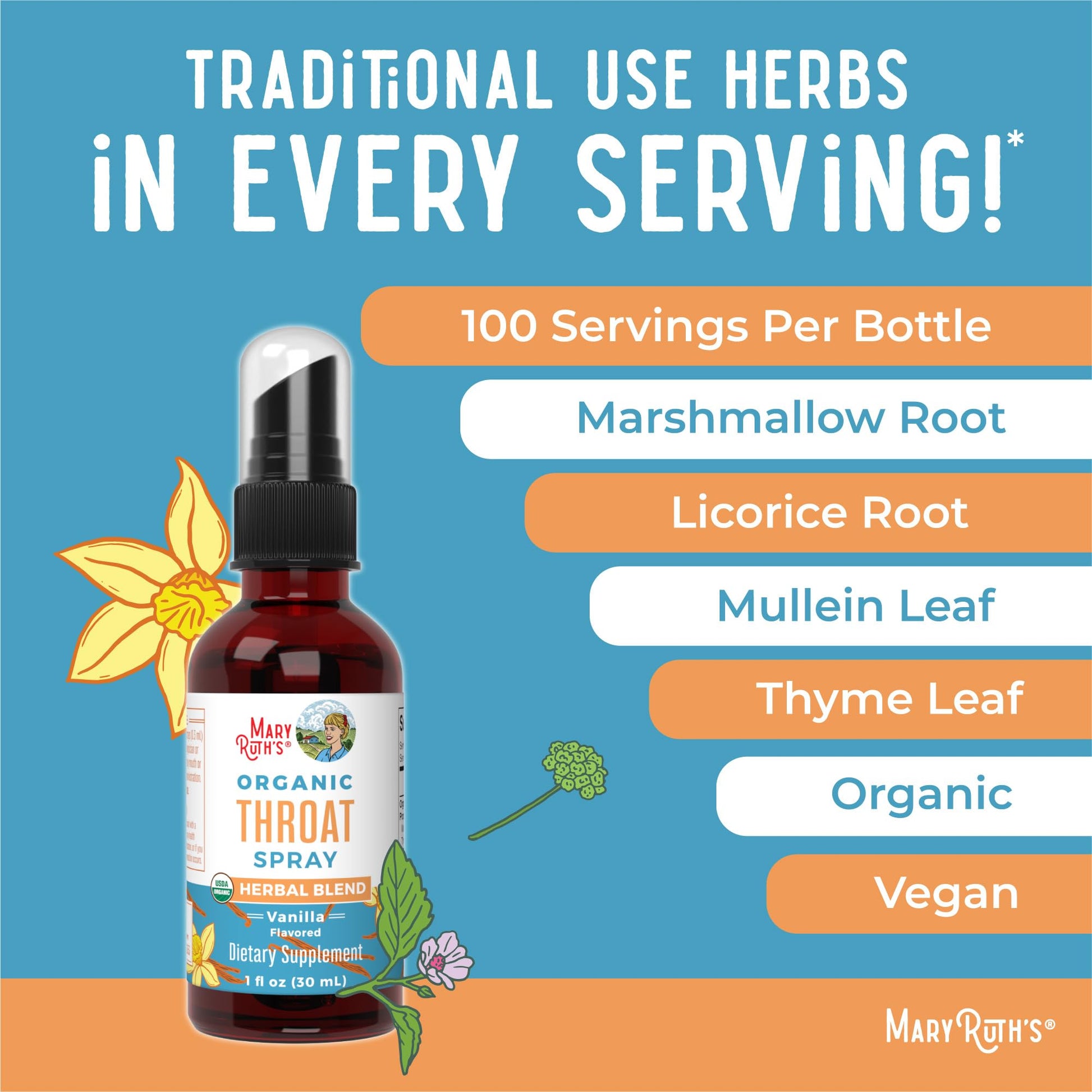 MaryRuth Organics USDA Organic Throat Spray with Mullein Leaf | Marshmallow Root & Licorice Root & Thyme Leaf | Vanilla | 4 Herbal Blend | Non-GMO | Vegan | Gluten Free | 1 Fl Oz | Up to 100 Servings - Maple Wellness Supplements