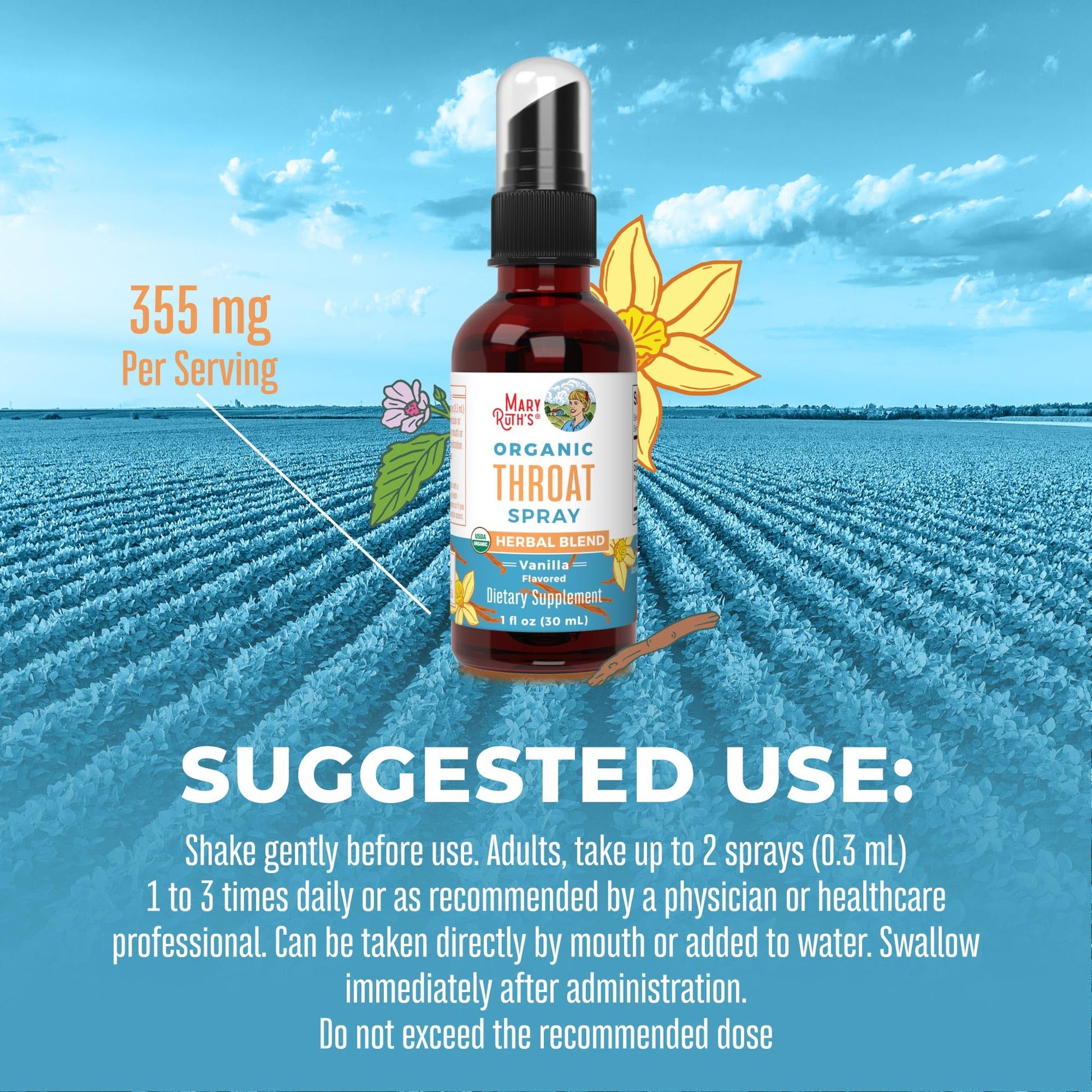 MaryRuth Organics USDA Organic Throat Spray with Mullein Leaf | Marshmallow Root & Licorice Root & Thyme Leaf | Vanilla | 4 Herbal Blend | Non-GMO | Vegan | Gluten Free | 1 Fl Oz | Up to 100 Servings - Maple Wellness Supplements