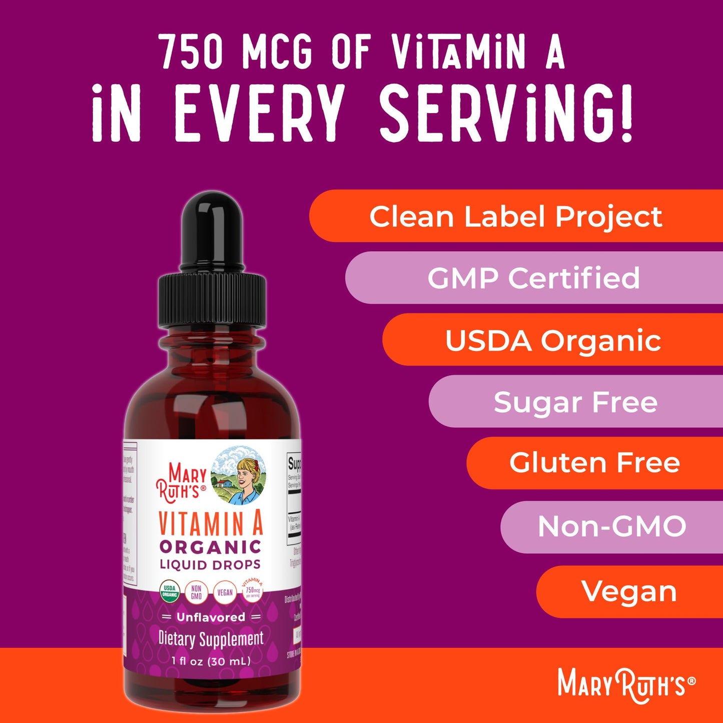 MaryRuth Organics USDA Organic Vitamin A Liquid Drops | 3 Month Supply | Bone Health for Ages 14+ | Essential Vitamin | 750mcg per Serving | Sugar Free | Vegan | Non-GMO | Gluten Free | 1oz - Maple Wellness Supplements