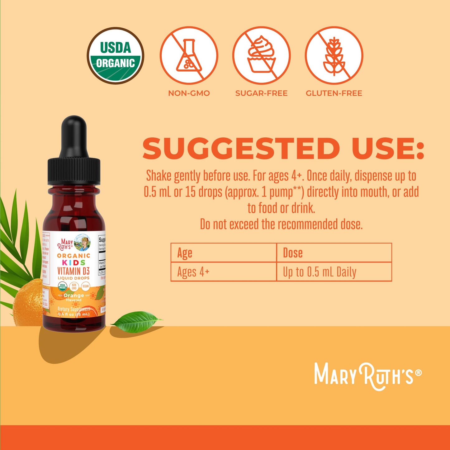 MaryRuth Organics USDA Organic Vitamin D3 Liquid Drops for Kids | 640 IU Vitamin D3 Per Serving | Kids Immune Support & Bone Health Supplement | Formulated for Ages 4-13 | 0.5oz | 30 Servings - Maple Wellness Supplements