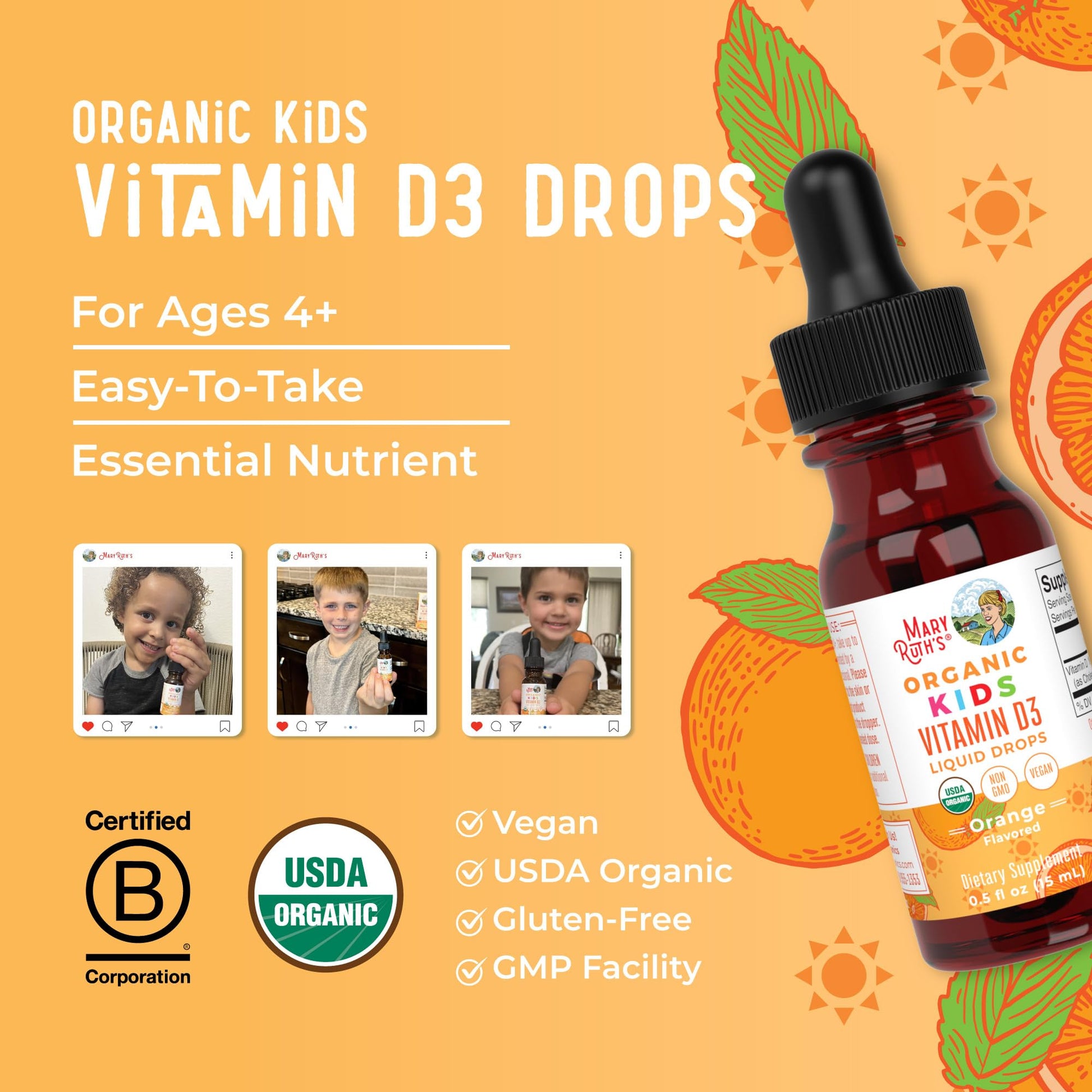 MaryRuth Organics USDA Organic Vitamin D3 Liquid Drops for Kids | 640 IU Vitamin D3 Per Serving | Kids Immune Support & Bone Health Supplement | Formulated for Ages 4-13 | 0.5oz | 30 Servings - Maple Wellness Supplements