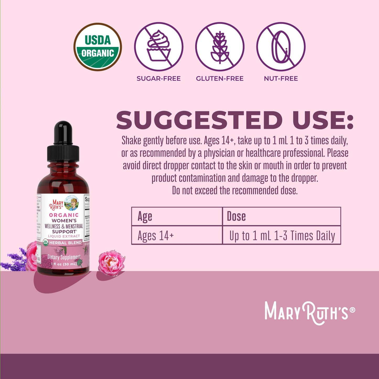 MaryRuth Organics USDA Organic Women's Wellness Liquid Herbal Supplements | Includes Stinging Nettle, Raspberry Leaf, Eleuthero Root, Chaste Tree Berry | Menstrual Support | Non-GMO, Vegan - Maple Wellness Supplements