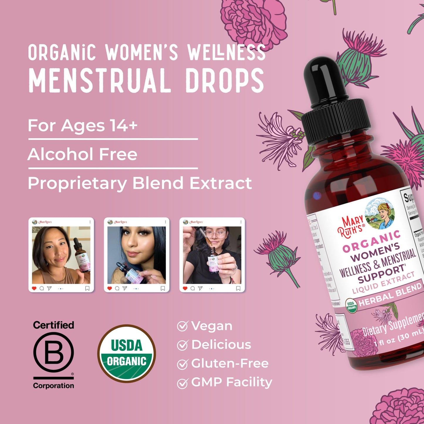 MaryRuth Organics USDA Organic Women's Wellness Liquid Herbal Supplements | Includes Stinging Nettle, Raspberry Leaf, Eleuthero Root, Chaste Tree Berry | Menstrual Support | Non-GMO, Vegan - Maple Wellness Supplements