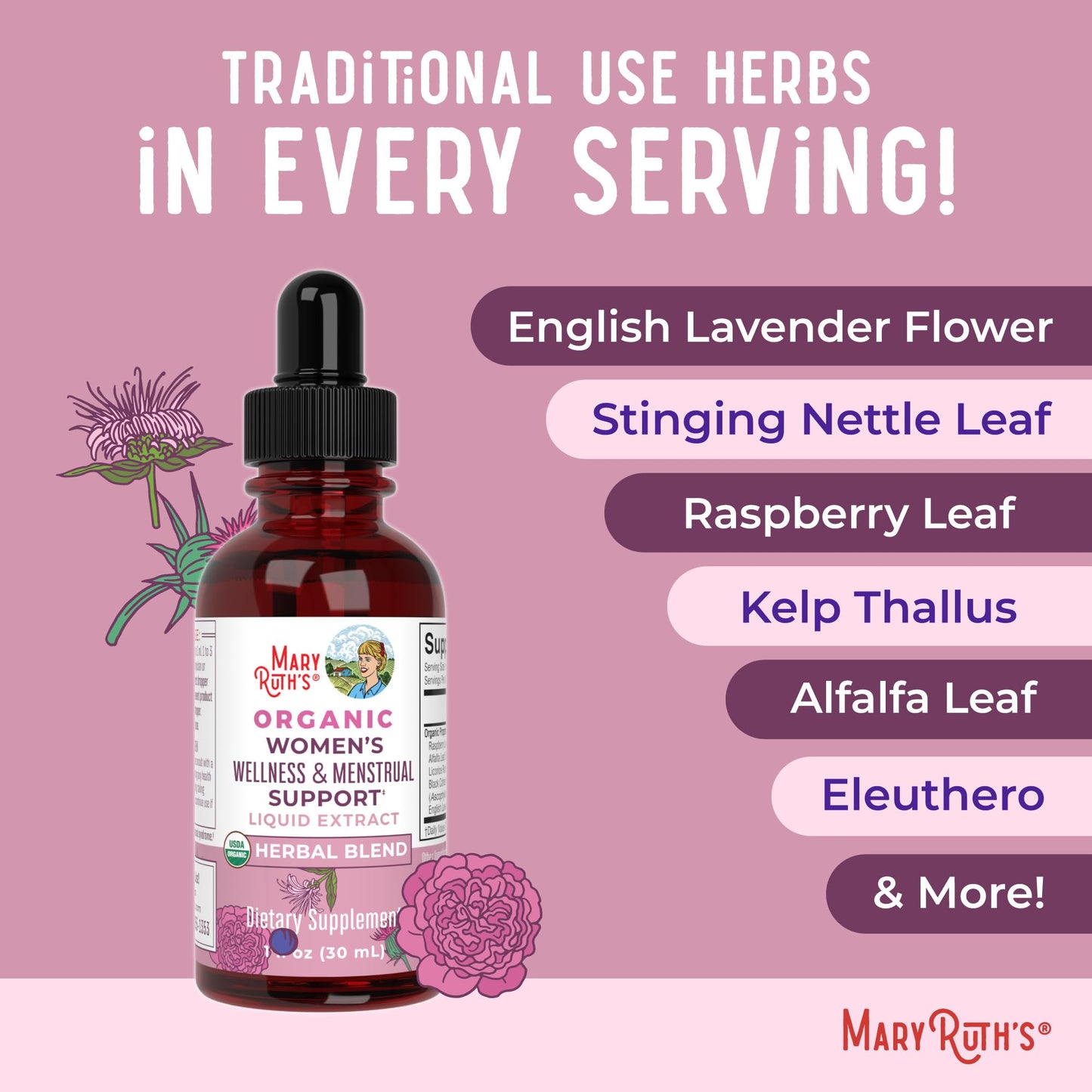 MaryRuth Organics USDA Organic Women's Wellness Liquid Herbal Supplements | Includes Stinging Nettle, Raspberry Leaf, Eleuthero Root, Chaste Tree Berry | Menstrual Support | Non-GMO, Vegan - Maple Wellness Supplements