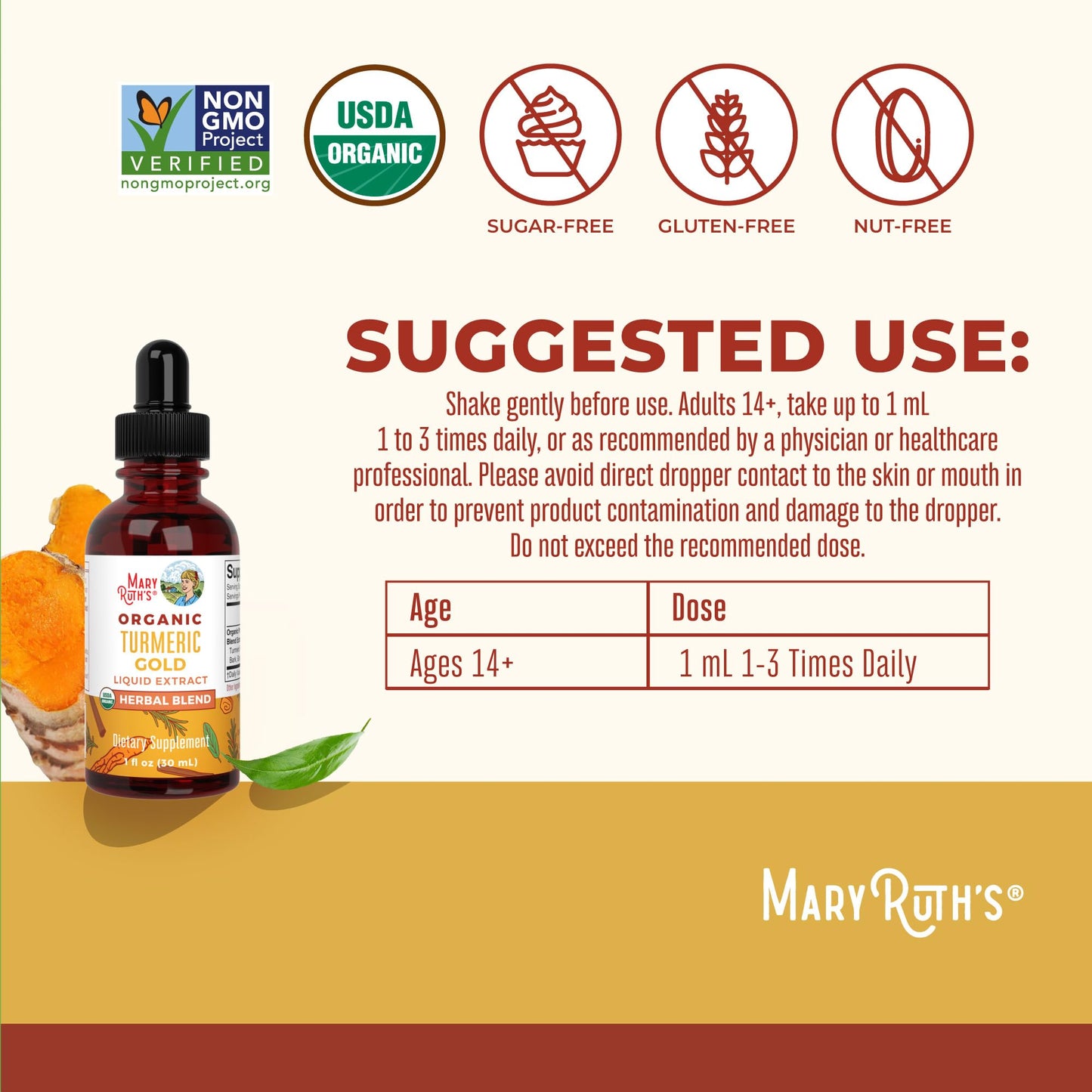MaryRuth Organics USDA Turmeric Gold Liquid Drops | Herbal Blend | Turmeric Curcumin | Black Pepper | Cassia Cinnamon Bark | Ginger Root | Immune Support | Non-GMO Project Verified | Vegan | 1oz - Maple Wellness Supplements