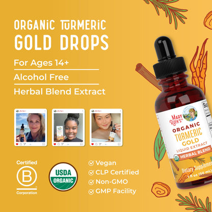 MaryRuth Organics USDA Turmeric Gold Liquid Drops | Herbal Blend | Turmeric Curcumin | Black Pepper | Cassia Cinnamon Bark | Ginger Root | Immune Support | Non-GMO Project Verified | Vegan | 1oz - Maple Wellness Supplements