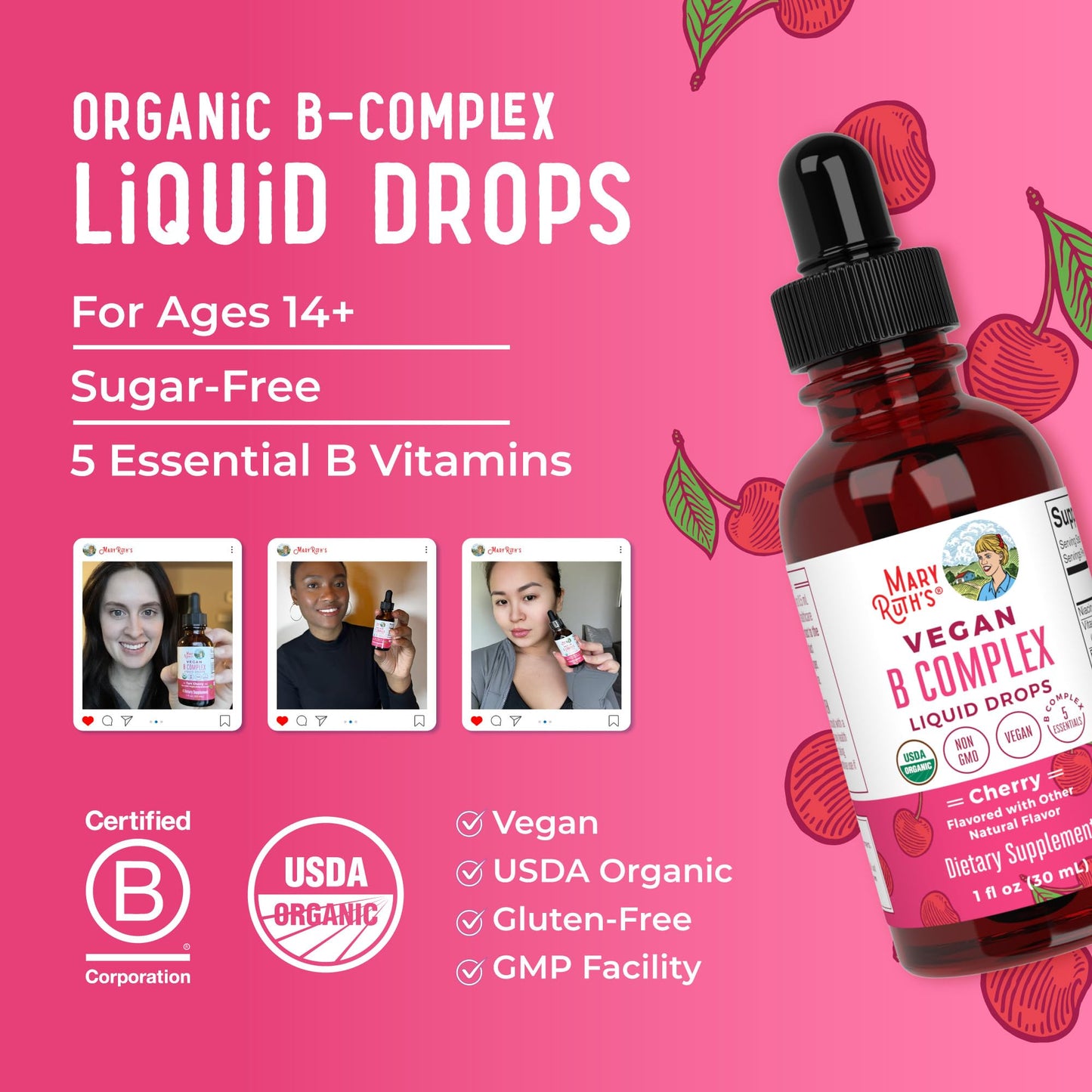 MaryRuth Organics Vitamin B Complex | B Vitamins Complex | Biotin | Vitamin B12 | Niacin | Folate | Metabolic Support Supplement | Vegan | USDA Organic - Maple Wellness Supplements
