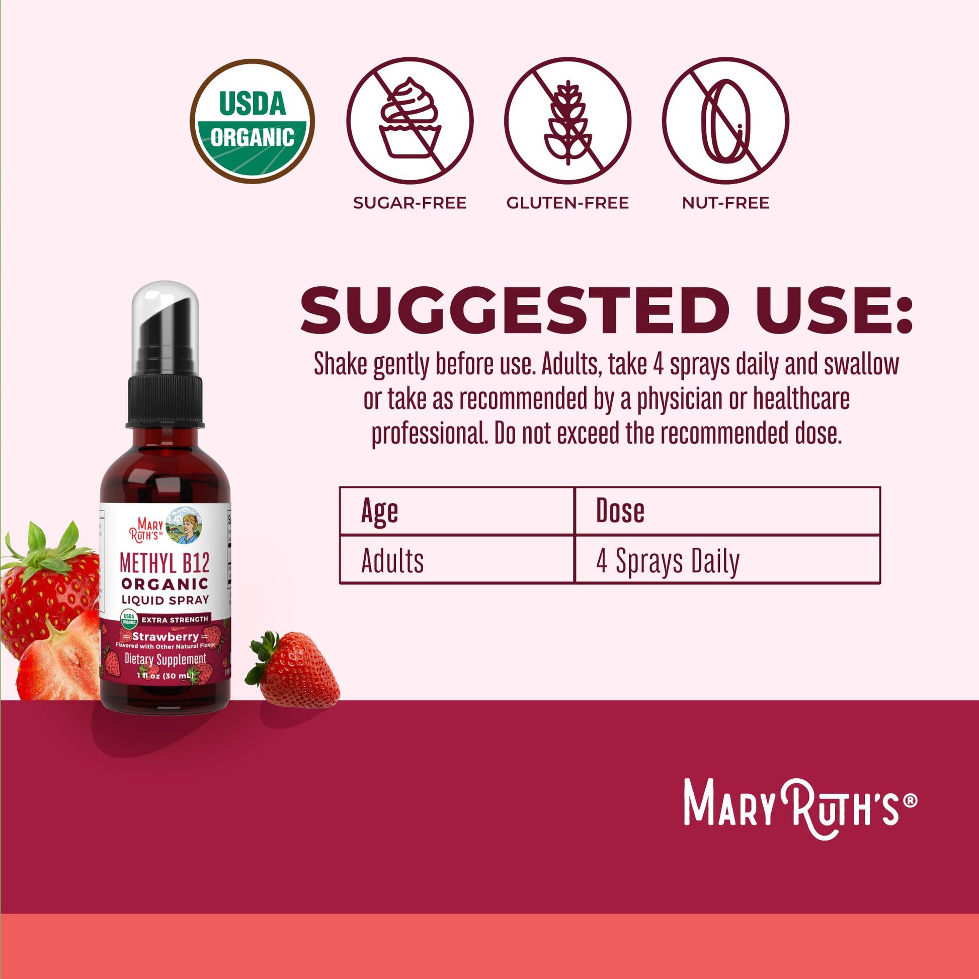 MaryRuth Organics Vitamin B12 Liquid Spray | Vegan, Non-GMO, Gluten-Free | USDA Organic Supplement | Energy & Nervous System Support | B12 Vitamins for Women & Men | 720 mcg | 1 Fl Oz - Maple Wellness Supplements