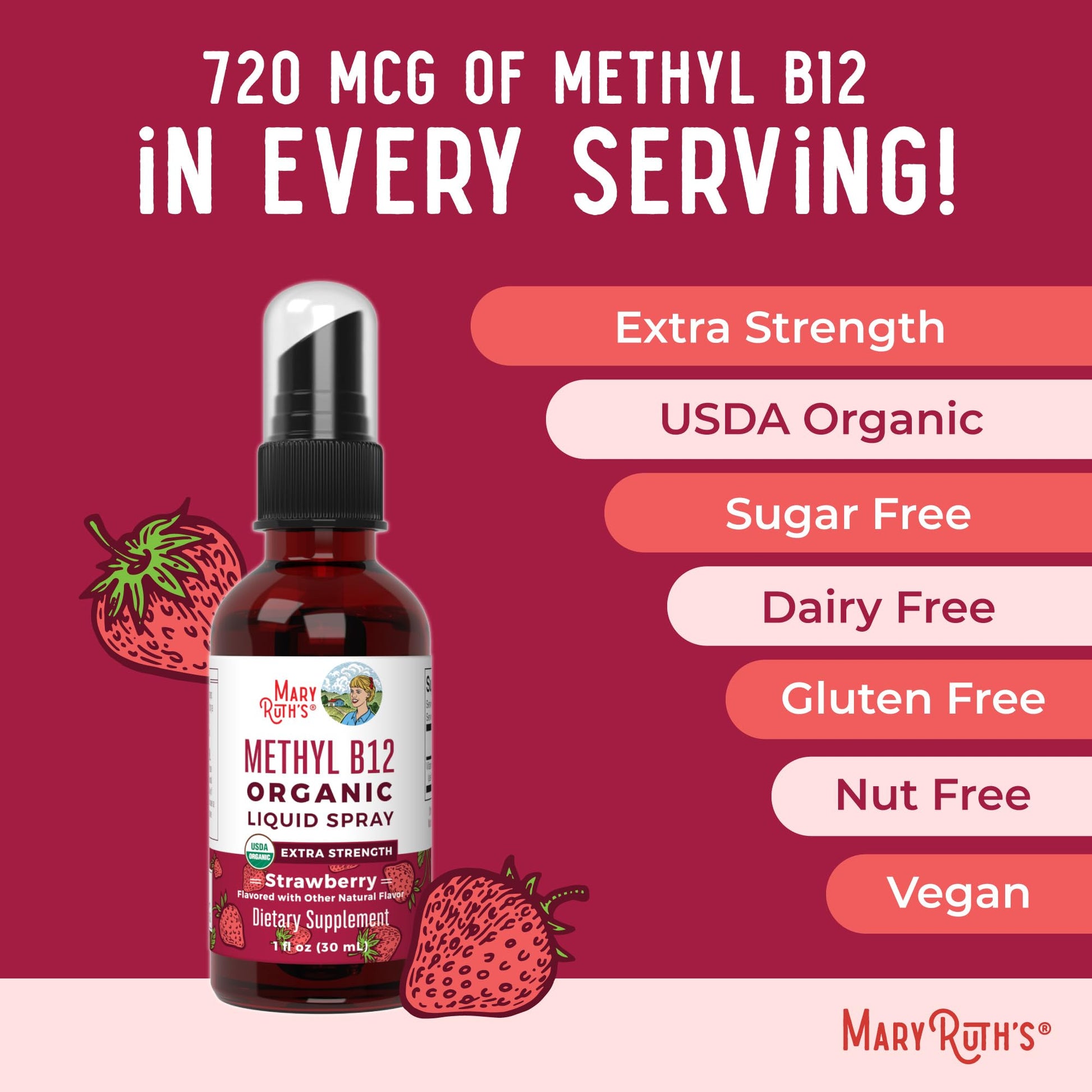 MaryRuth Organics Vitamin B12 Liquid Spray | Vegan, Non-GMO, Gluten-Free | USDA Organic Supplement | Energy & Nervous System Support | B12 Vitamins for Women & Men | 720 mcg | 1 Fl Oz - Maple Wellness Supplements