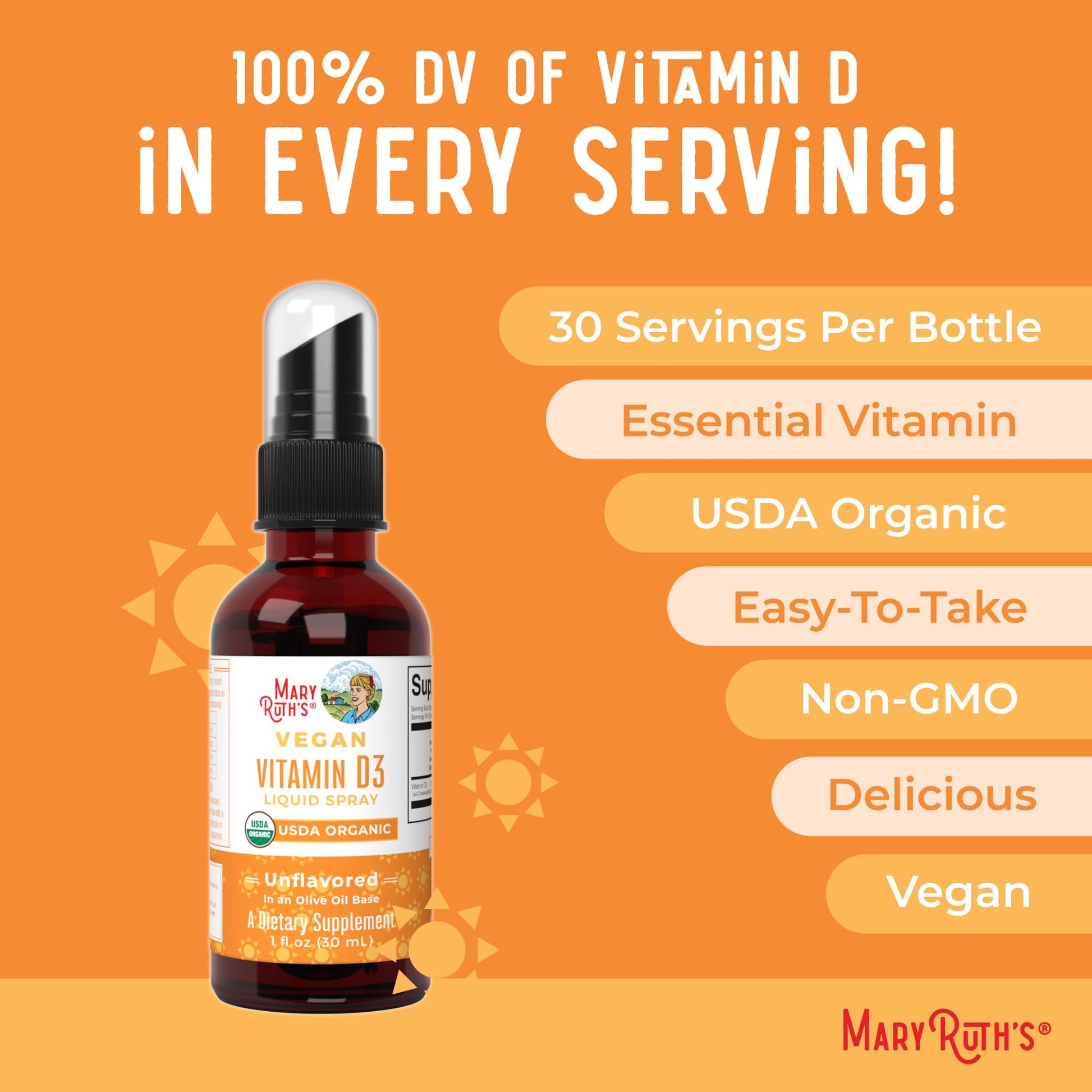 MaryRuth Organics Vitamin D USDA Organic | VIT D3 Liquid | Sugar Free | Liquid VIT D Spray Immune Support for Adults & Kids | Bone Health| Vegan | Gluten Free | Non-GMO | 30 Servings - Maple Wellness Supplements
