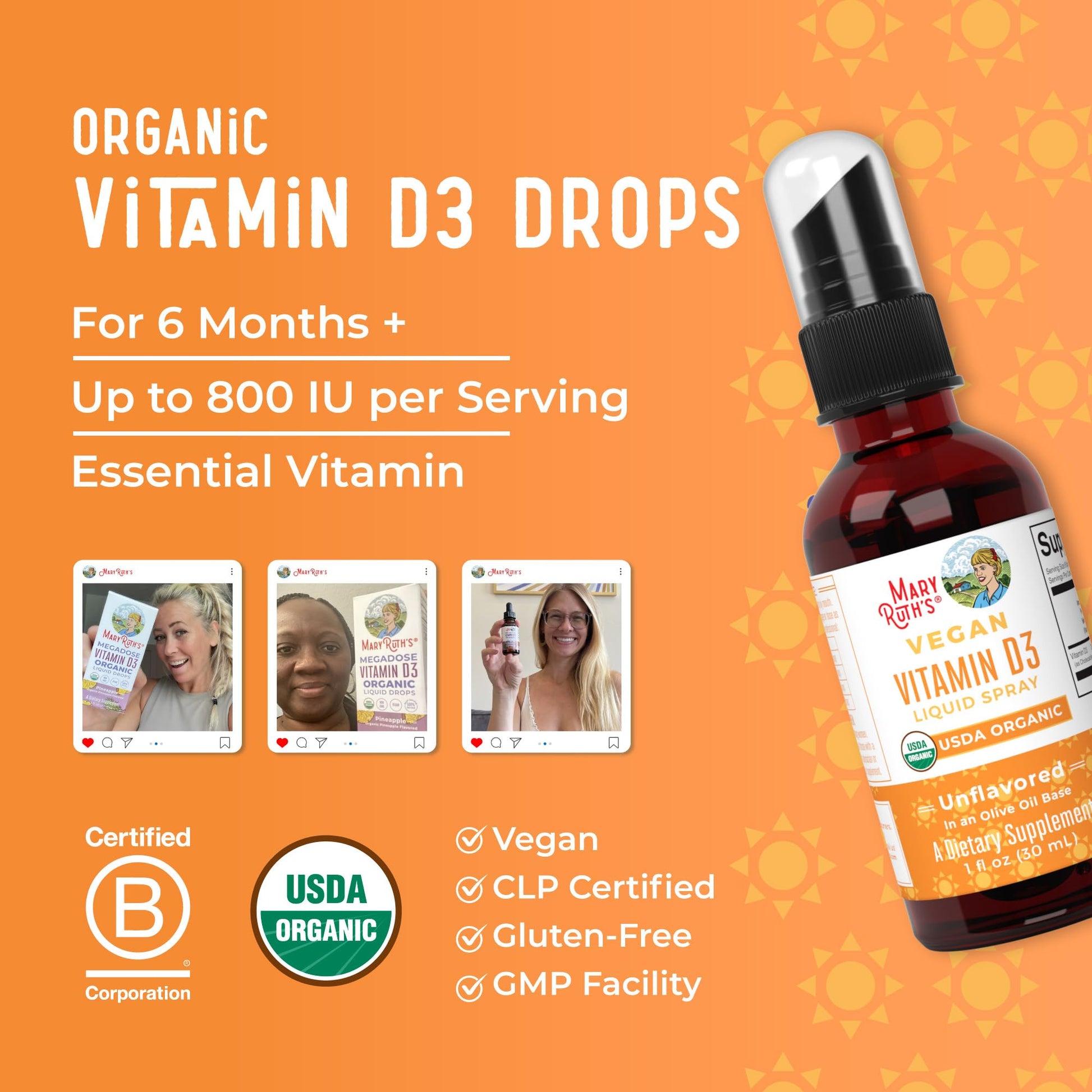 MaryRuth Organics Vitamin D USDA Organic | VIT D3 Liquid | Sugar Free | Liquid VIT D Spray Immune Support for Adults & Kids | Bone Health| Vegan | Gluten Free | Non-GMO | 30 Servings - Maple Wellness Supplements