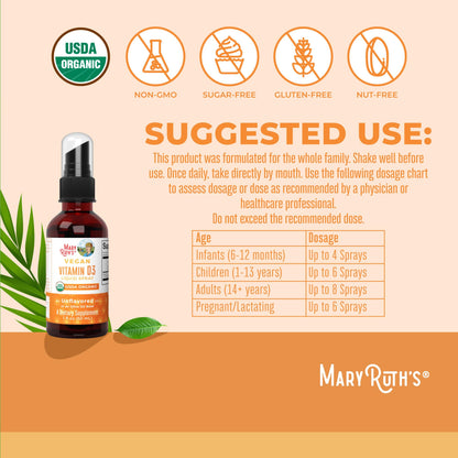 MaryRuth Organics Vitamin D USDA Organic | VIT D3 Liquid | Sugar Free | Liquid VIT D Spray Immune Support for Adults & Kids | Bone Health| Vegan | Gluten Free | Non-GMO | 30 Servings - Maple Wellness Supplements
