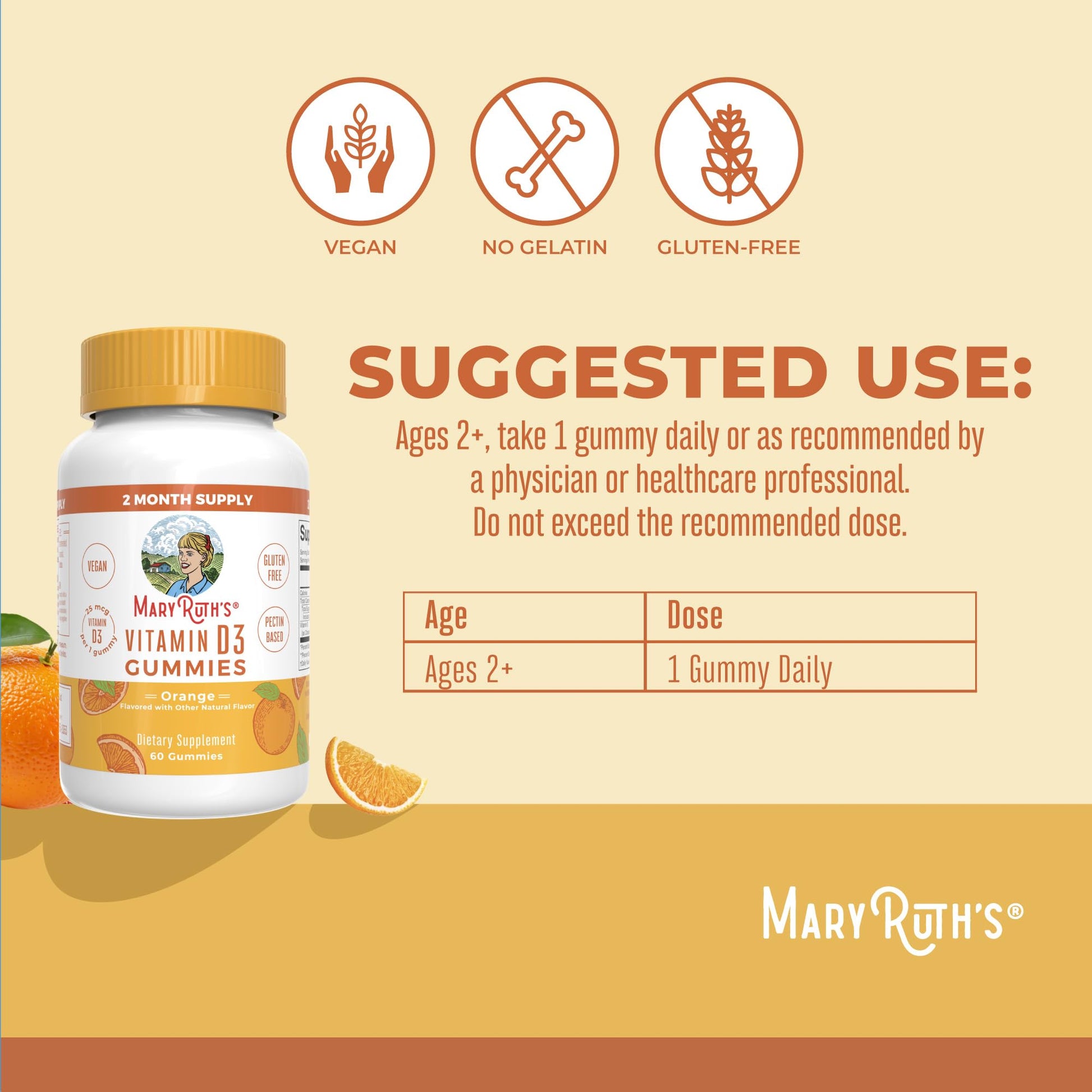 MaryRuth Organics Vitamin D3 Gummies | 2 Month Supply | Adults & Kids Vitamin D Gummy | Immune Support Supplement | VIT D3 1000IU for Bone Health&Muscle Function | Vegan | Non-GMO | Gluten Free | 60 - Maple Wellness Supplements