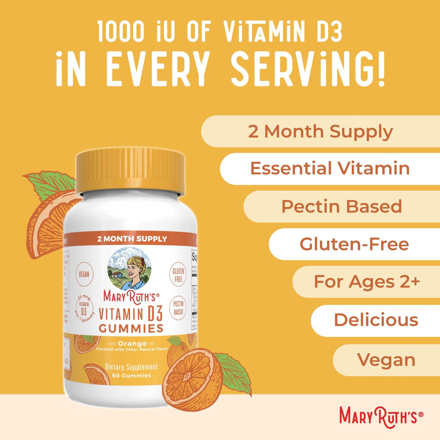 MaryRuth Organics Vitamin D3 Gummies | 2 Month Supply | Adults & Kids Vitamin D Gummy | Immune Support Supplement | VIT D3 1000IU for Bone Health&Muscle Function | Vegan | Non-GMO | Gluten Free | 60 - Maple Wellness Supplements