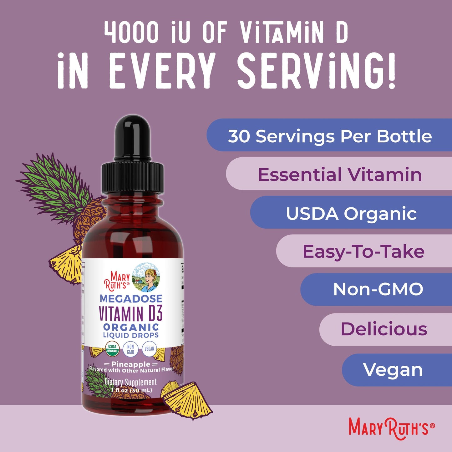 MaryRuth Organics Vitamin D3 Liquid Drops | Megadose 4000 IU | USDA Organic Liquid Vitamin D Spray for Adults & Kids | Immune Support & Bone Health | Vegan | Gluten Free | Non-GMO | 30 Servings - Maple Wellness Supplements