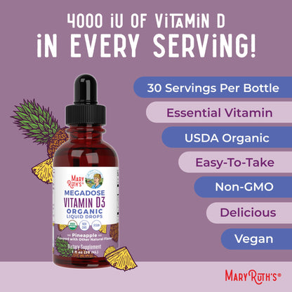 MaryRuth Organics Vitamin D3 Liquid Drops | Megadose 4000 IU | USDA Organic Liquid Vitamin D Spray for Adults & Kids | Immune Support & Bone Health | Vegan | Gluten Free | Non-GMO | 30 Servings - Maple Wellness Supplements