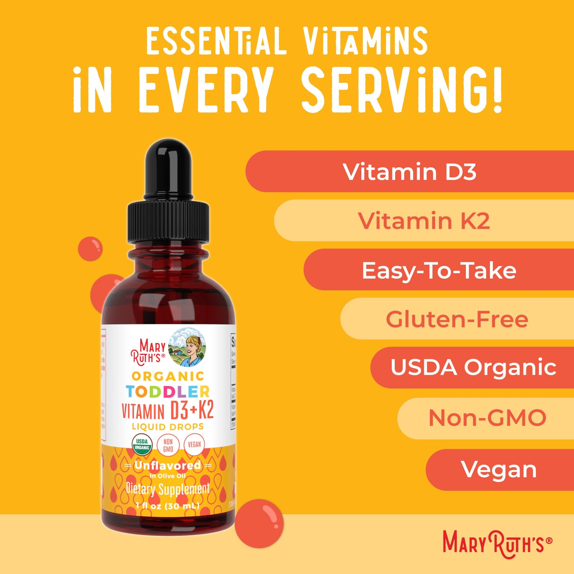 MaryRuth Organics Vitamin D3 | Vitamin K2 | Vitamin D3 K2 Drops | K2 D3 Vitamin Liquid Supplement for Toddlers | Kids Supplement for Calcium Absorption Strong Bones | Vegan | Gluten Free | 1 Fl Oz - Maple Wellness Supplements