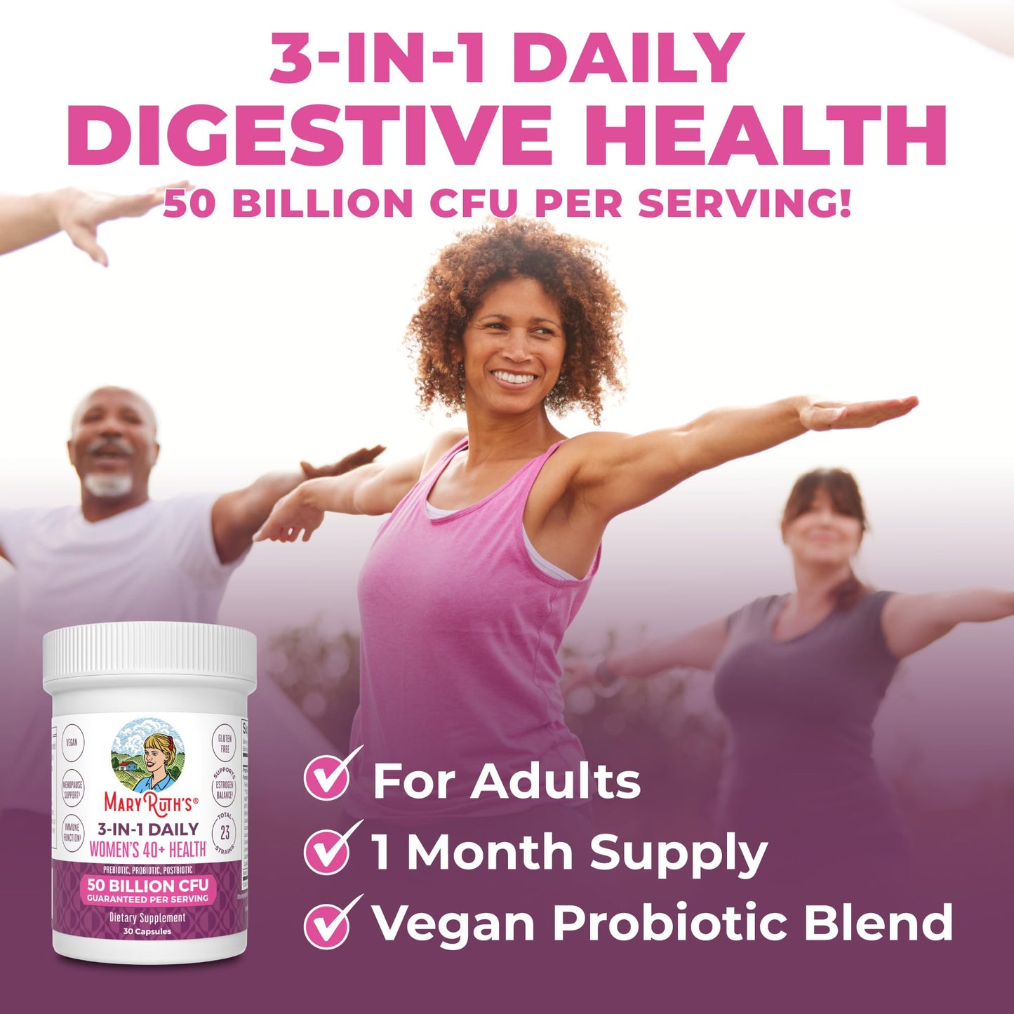 MaryRuth's 3-in-1 Daily Health 40+ Probiotics for Women | Hormonal & Menopause Support Supplement for Women | Gut Health Capsules | 50 Billion CFU | Allergen Free | 30 Ct - Maple Wellness Supplements