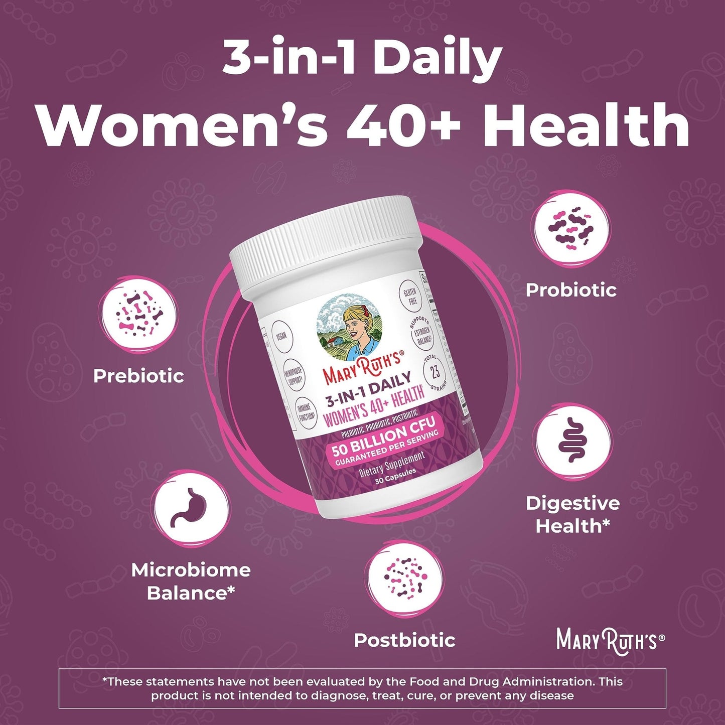 MaryRuth's 3-in-1 Daily Health 40+ Probiotics for Women | Hormonal & Menopause Support Supplement for Women | Gut Health Capsules | 50 Billion CFU | Allergen Free | 30 Ct - Maple Wellness Supplements