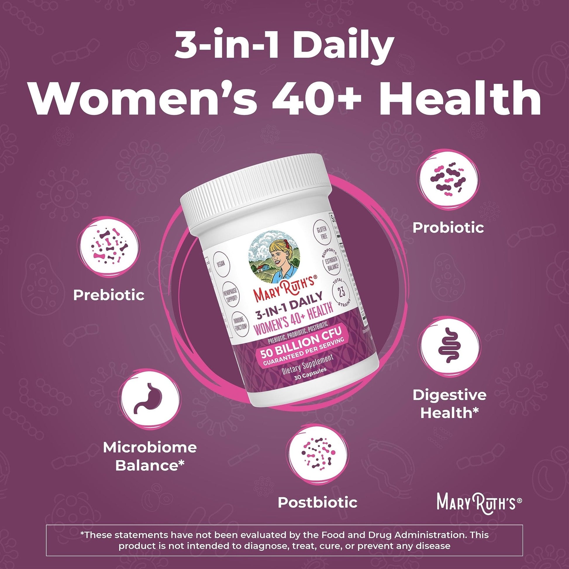 MaryRuth's 3-in-1 Daily Health 40+ Probiotics for Women | Hormonal & Menopause Support Supplement for Women | Gut Health Capsules | 50 Billion CFU | Allergen Free | 30 Ct - Maple Wellness Supplements