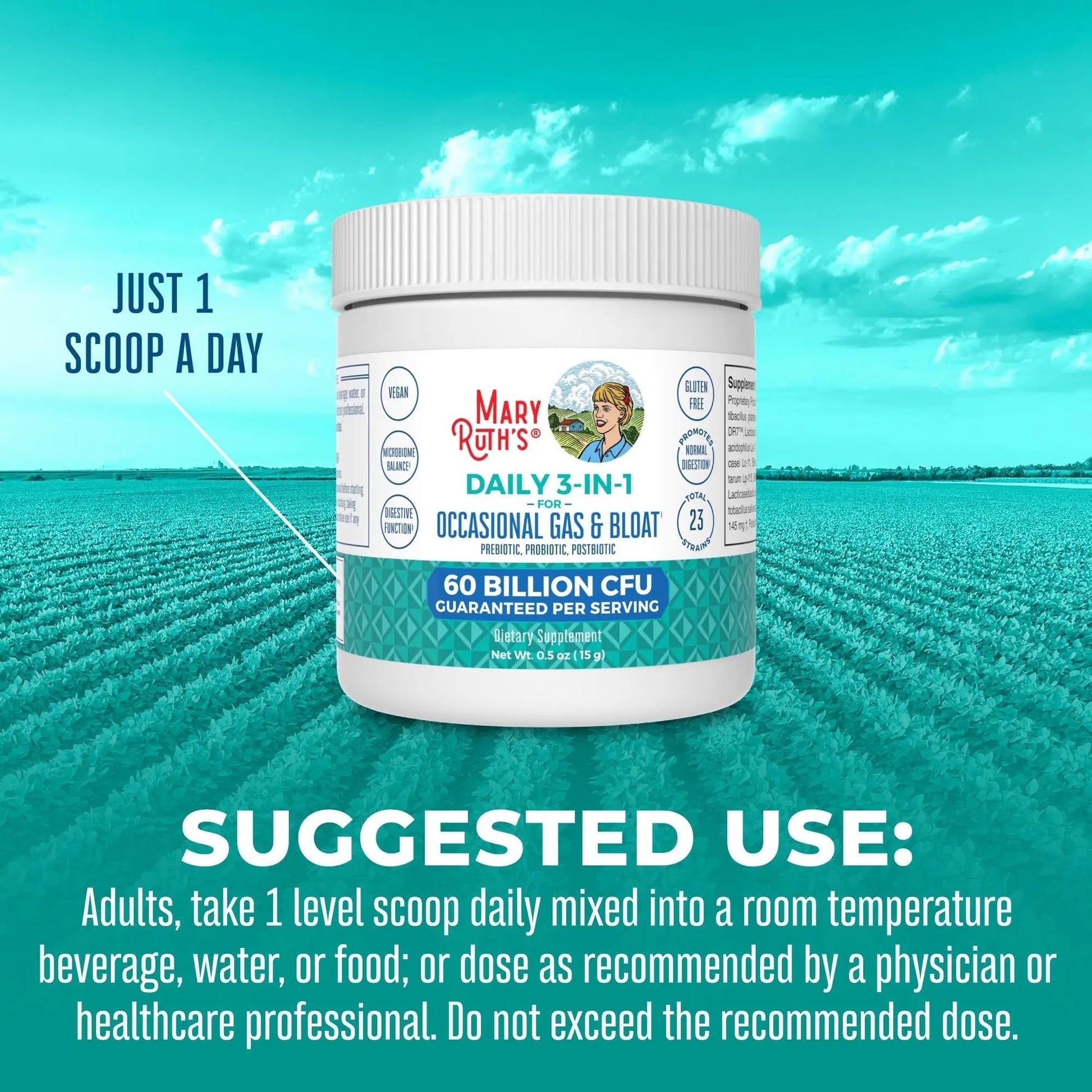 MARYRUTH'S 3-in-1 Gas & Bloat Probiotic Powder | Probiotics for Normal Digestive Function | Probiotics for Women & Men | Prebiotics & Postbiotics | 60 Billion CFU | 23 Unique Strains | 0.5 oz - Maple Wellness Supplements