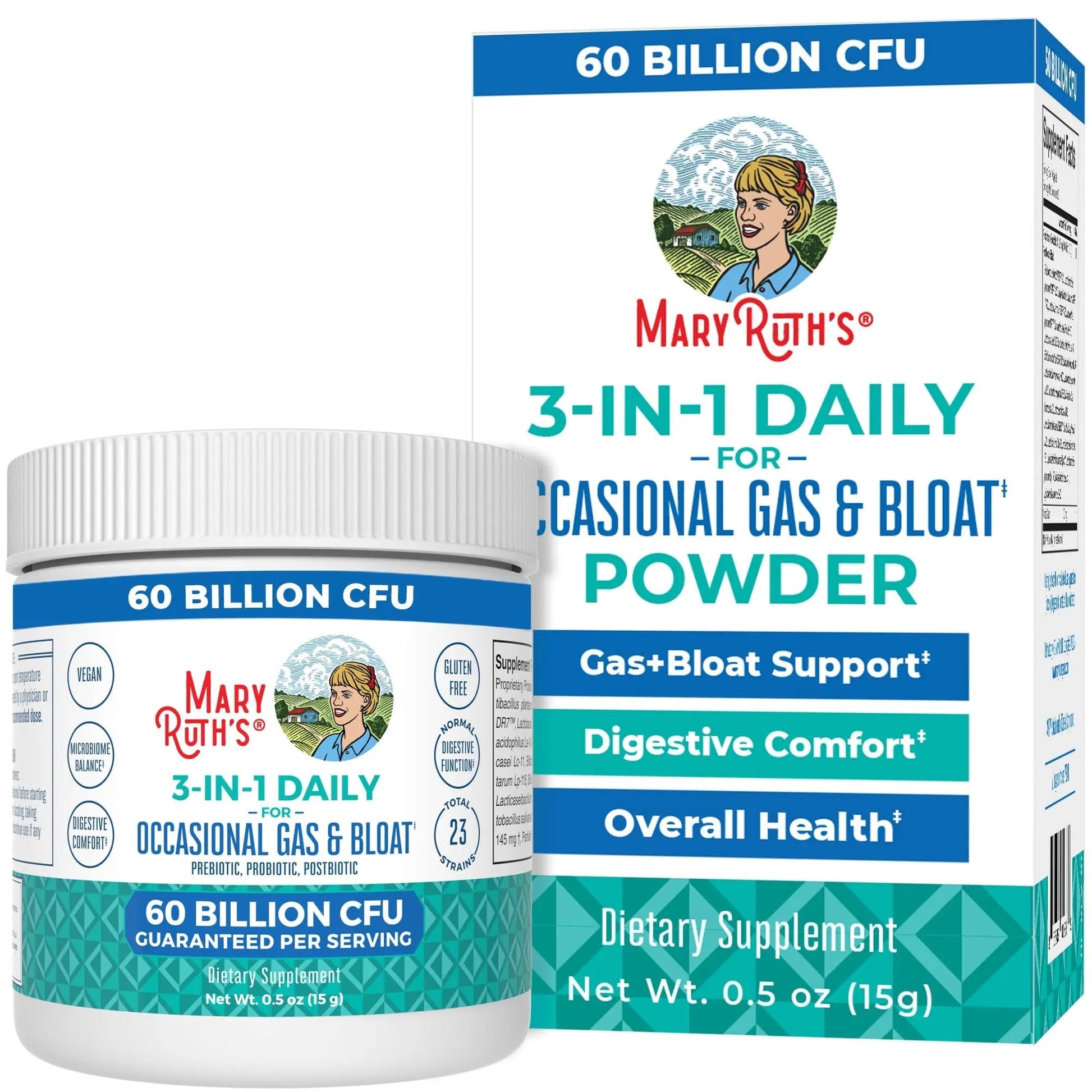 MARYRUTH'S 3-in-1 Gas & Bloat Probiotic Powder | Probiotics for Normal Digestive Function | Probiotics for Women & Men | Prebiotics & Postbiotics | 60 Billion CFU | 23 Unique Strains | 0.5 oz - Maple Wellness Supplements