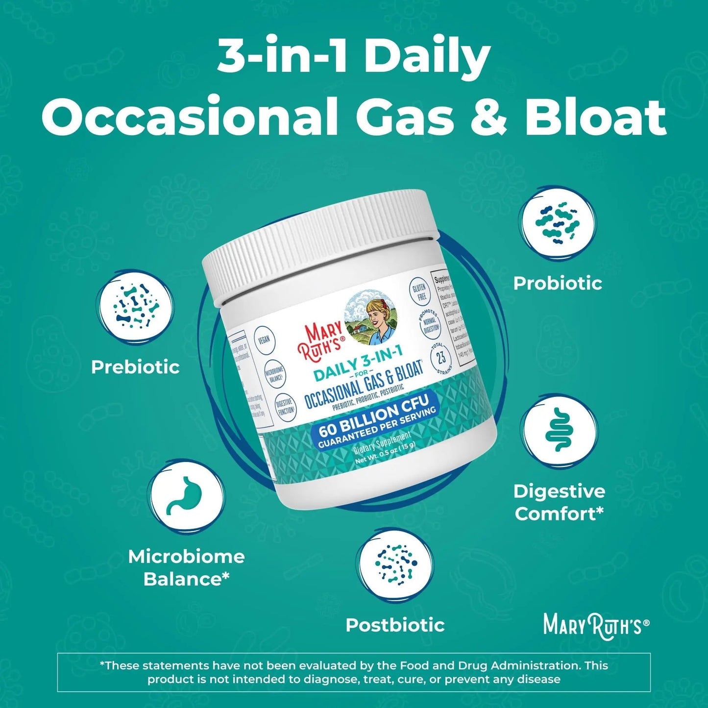 MARYRUTH'S 3-in-1 Gas & Bloat Probiotic Powder | Probiotics for Normal Digestive Function | Probiotics for Women & Men | Prebiotics & Postbiotics | 60 Billion CFU | 23 Unique Strains | 0.5 oz - Maple Wellness Supplements