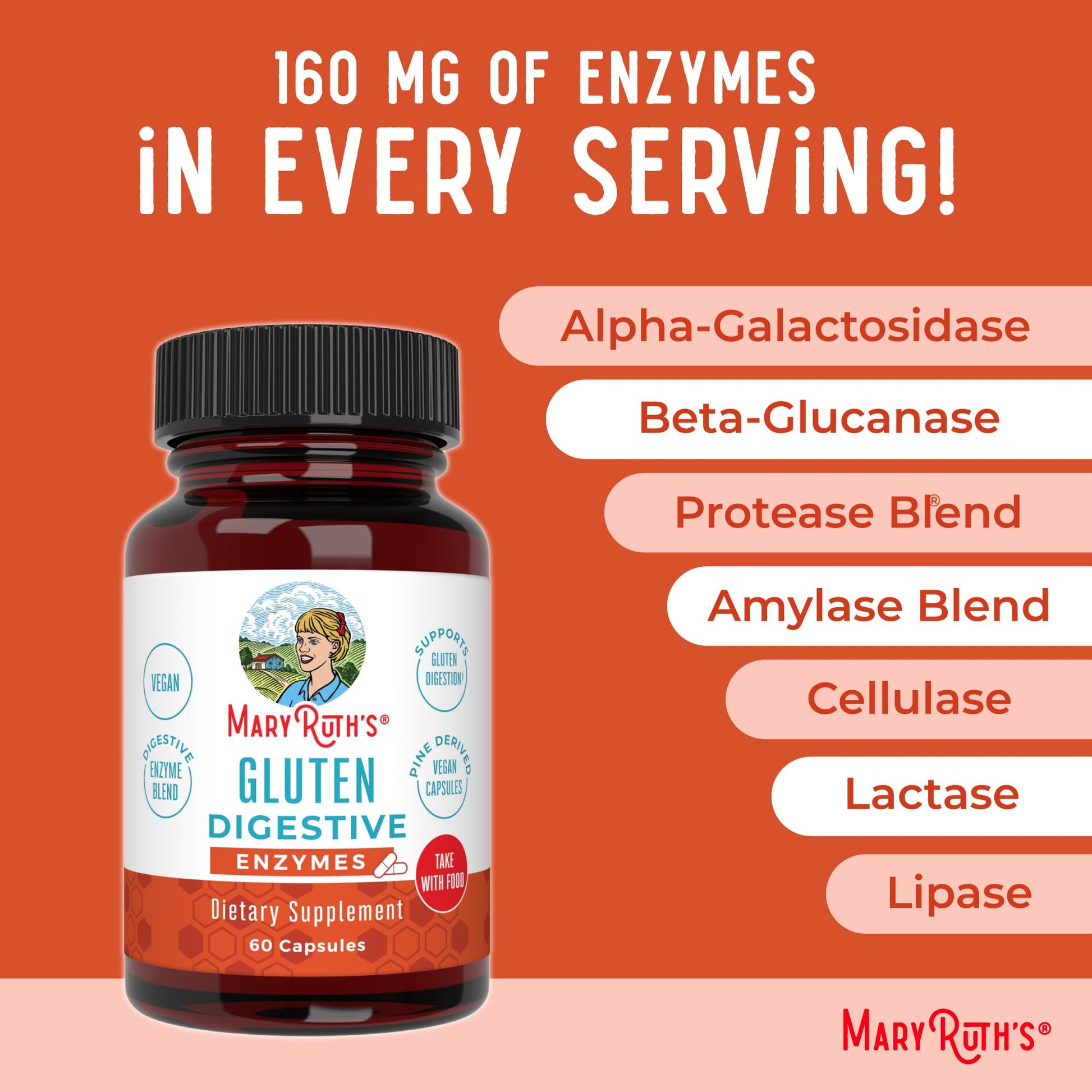 MaryRuth’s Gluten Digestive Enzymes | Up to 2 Month Supply | Proprietary Enzyme Blend | Vegan Pine-Based Capsules | Non-GMO | 60 Count - Maple Wellness Supplements