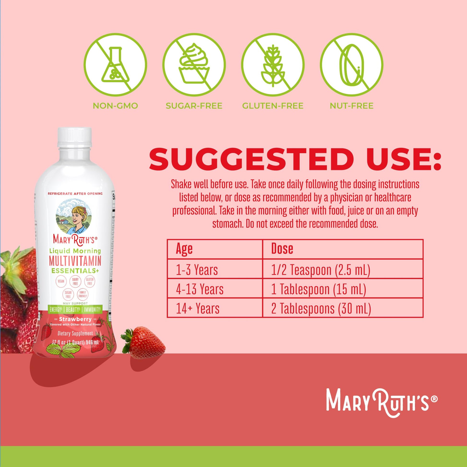 MaryRuth's Liquid Morning Multivitamin Essentials+ | Vitamin A C D E B6 B12 K2 Biotin Zinc | Mens Womens Multivitamin | Immune Support | Beauty | Sugar Free | Vitamins for Ages 1+ | Vegan | 32 Fl Oz - Maple Wellness Supplements