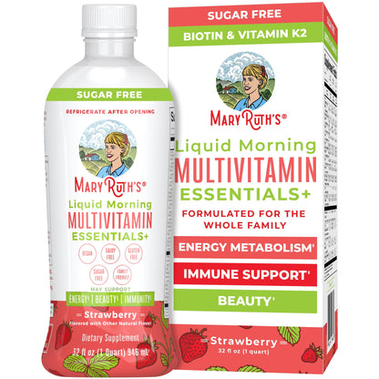 MaryRuth's Liquid Morning Multivitamin Essentials+ | Vitamin A C D E B6 B12 K2 Biotin Zinc | Mens Womens Multivitamin | Immune Support | Beauty | Sugar Free | Vitamins for Ages 1+ | Vegan | 32 Fl Oz - Maple Wellness Supplements