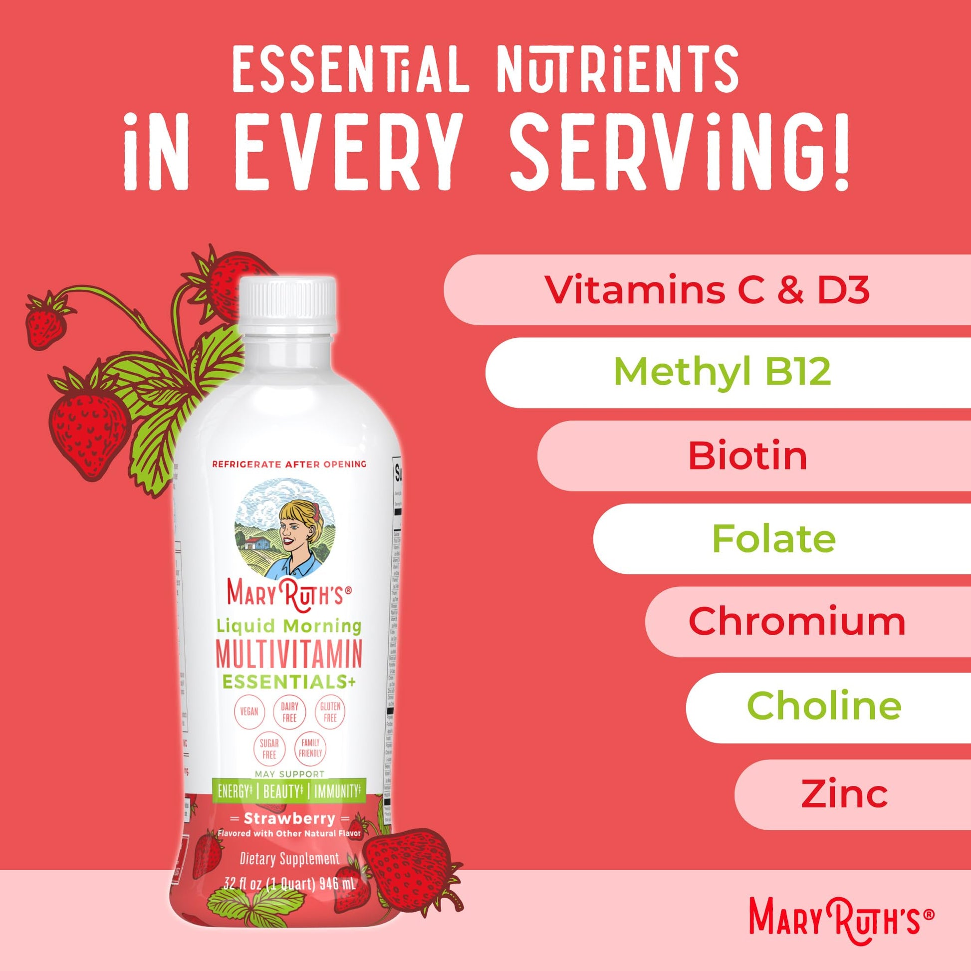 MaryRuth's Liquid Morning Multivitamin Essentials+ | Vitamin A C D E B6 B12 K2 Biotin Zinc | Mens Womens Multivitamin | Immune Support | Beauty | Sugar Free | Vitamins for Ages 1+ | Vegan | 32 Fl Oz - Maple Wellness Supplements