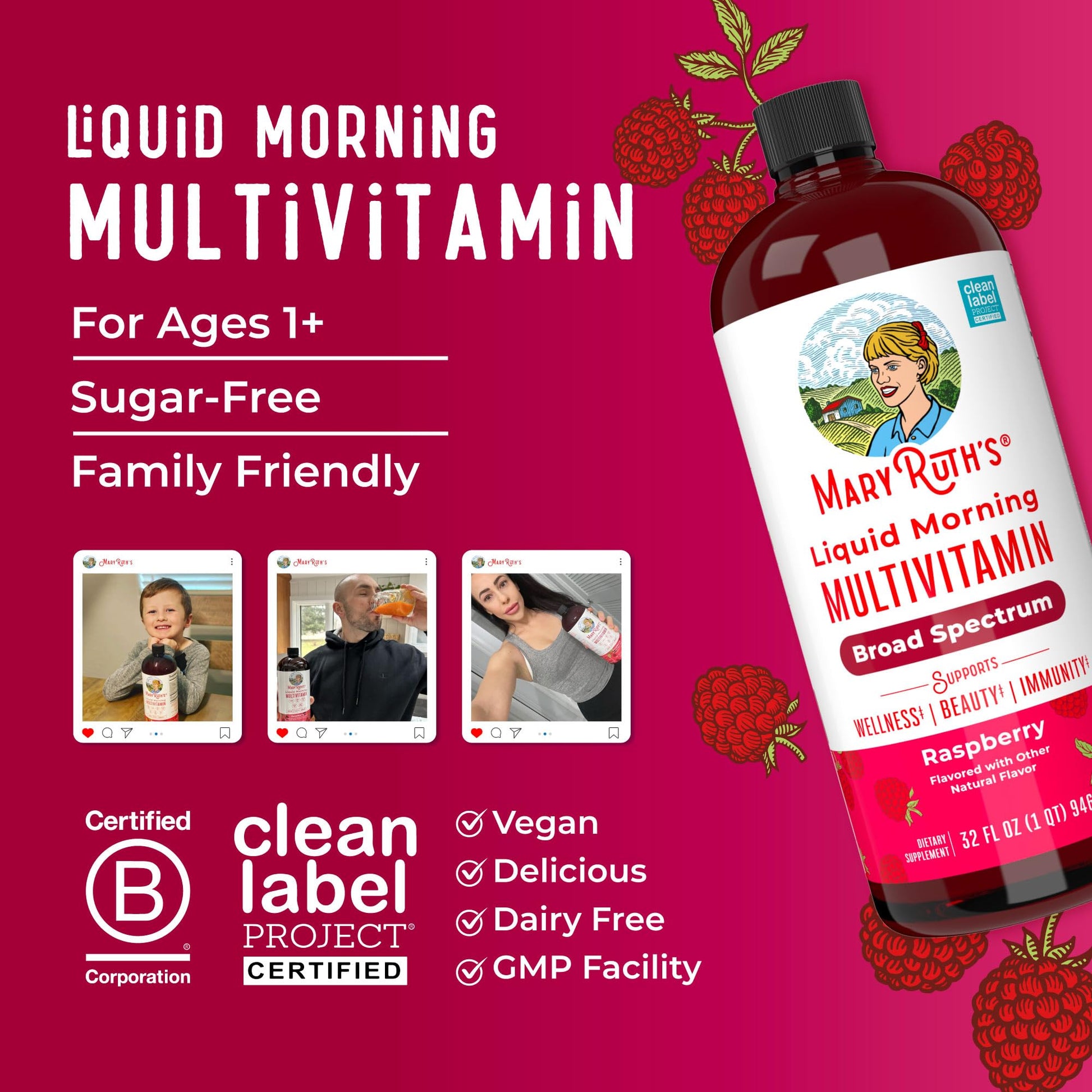 MARYRUTH'S Liquid Morning Multivitamin for Women, Men & Kids | Vitamin A C D E B6 B12 Biotin Zinc | Beauty | Vegan | Non-GMO | Gluten Free | 32 Servings - Maple Wellness Supplements