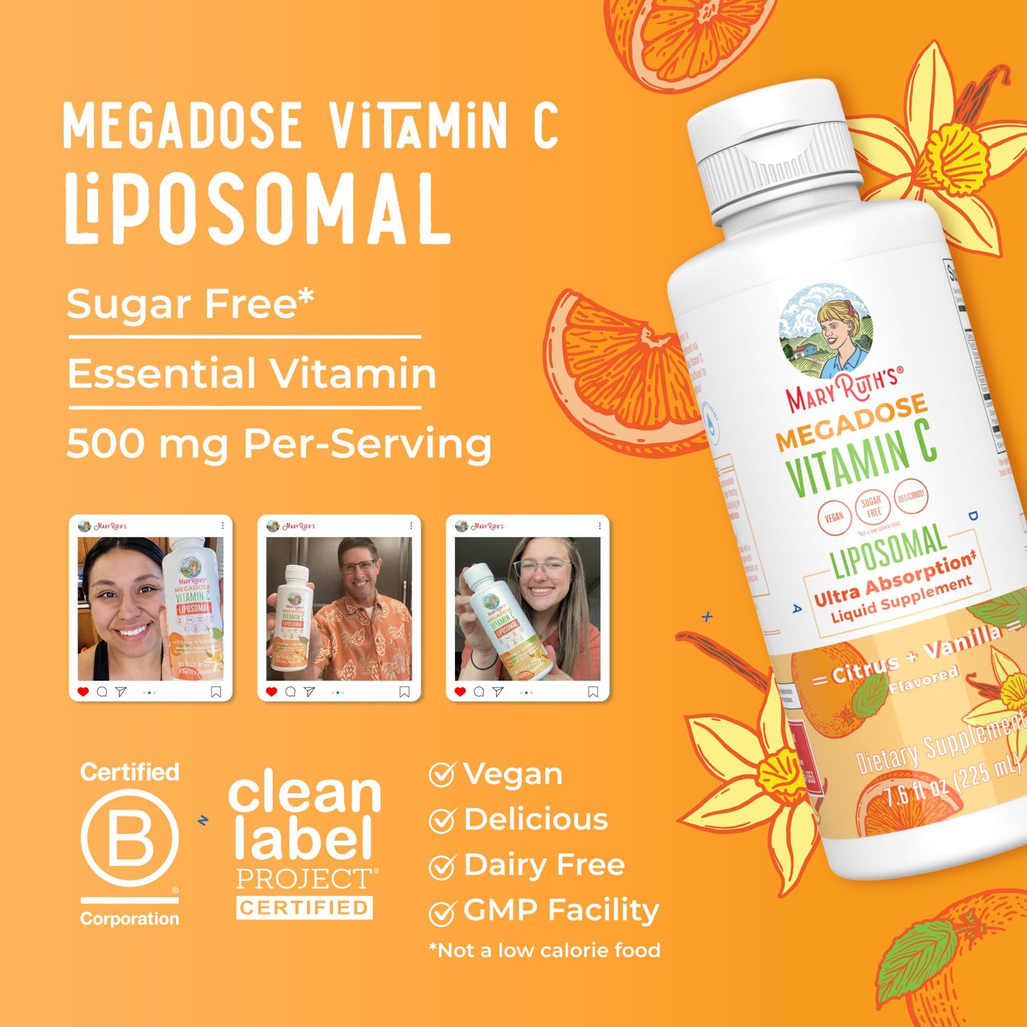 MaryRuth's Megadose Liquid Vitamin C Liposomal | 500 mg Per Serving | Ultra Absorption | Immunity | Antioxidant Support | Collagen Formation | Vegan | Gluten Free | Sugar Free | 7.6 Oz | 30 Servings - Maple Wellness Supplements