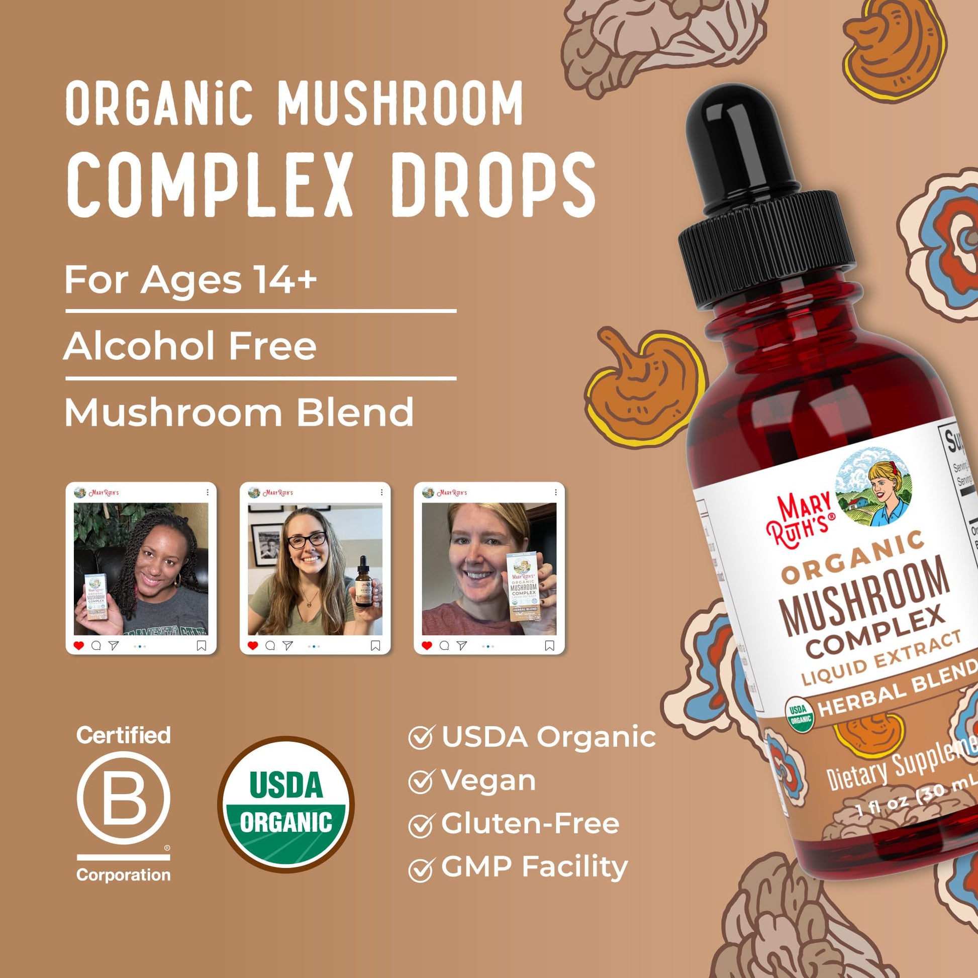 MaryRuth's Mushroom Complex | Lion's Mane | Turkey Tail | Reishi Mushroom | Shiitake Mushrooms | Alcohol Free | Mushroom Blend | Organic | Non-GMO | Vegan | 30 Servings - Maple Wellness Supplements