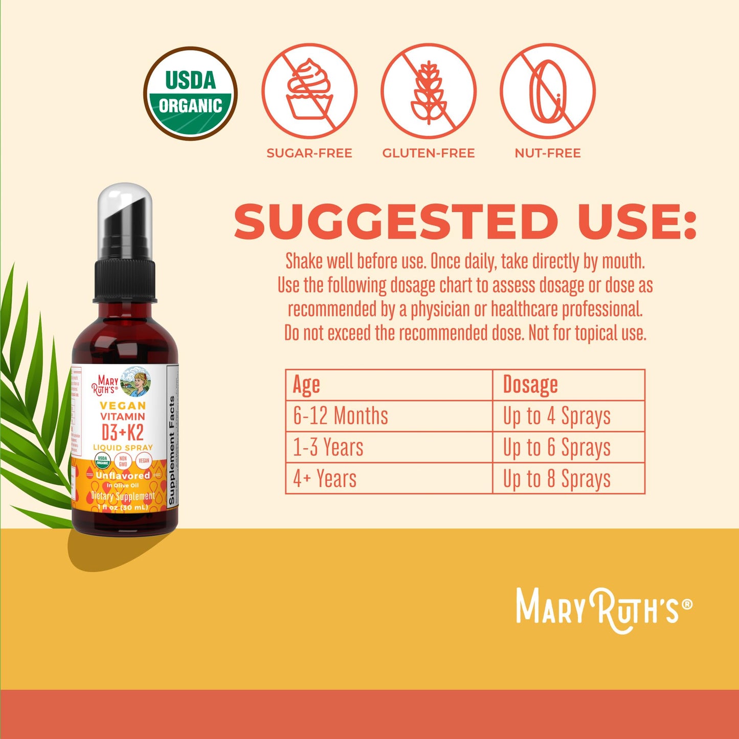 MaryRuth's Organic D3 + K2 Spray for Adults & Kids for Bone Health | Vitamin D3 as Cholecalciferol | Vitamin K2 | Immunity | Mineral Absorption | Heart Health | Vegan | Non-GMO | Gluten Free | 1 Fl Oz - Maple Wellness Supplements