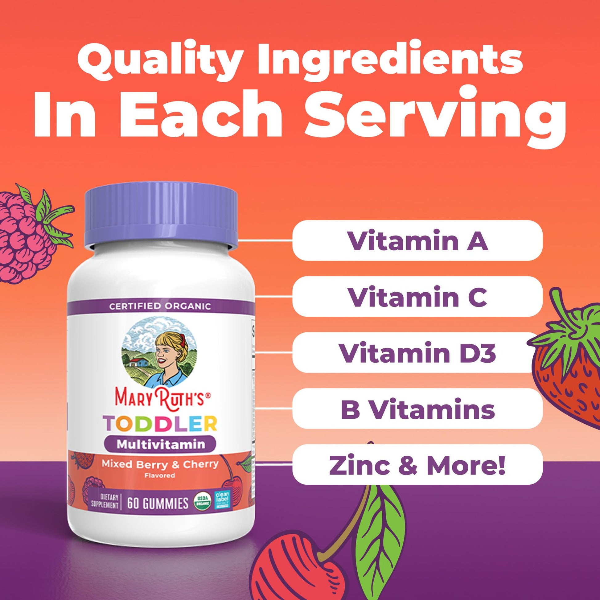 MARYRUTH'S Organic Toddler Multivitamin Gummies | Ages 4+ | Vitamin A, C, D, E, B6, B12, Biotin, Iodine, Zinc | Immunity | Bone & Teeth Health - Maple Wellness Supplements