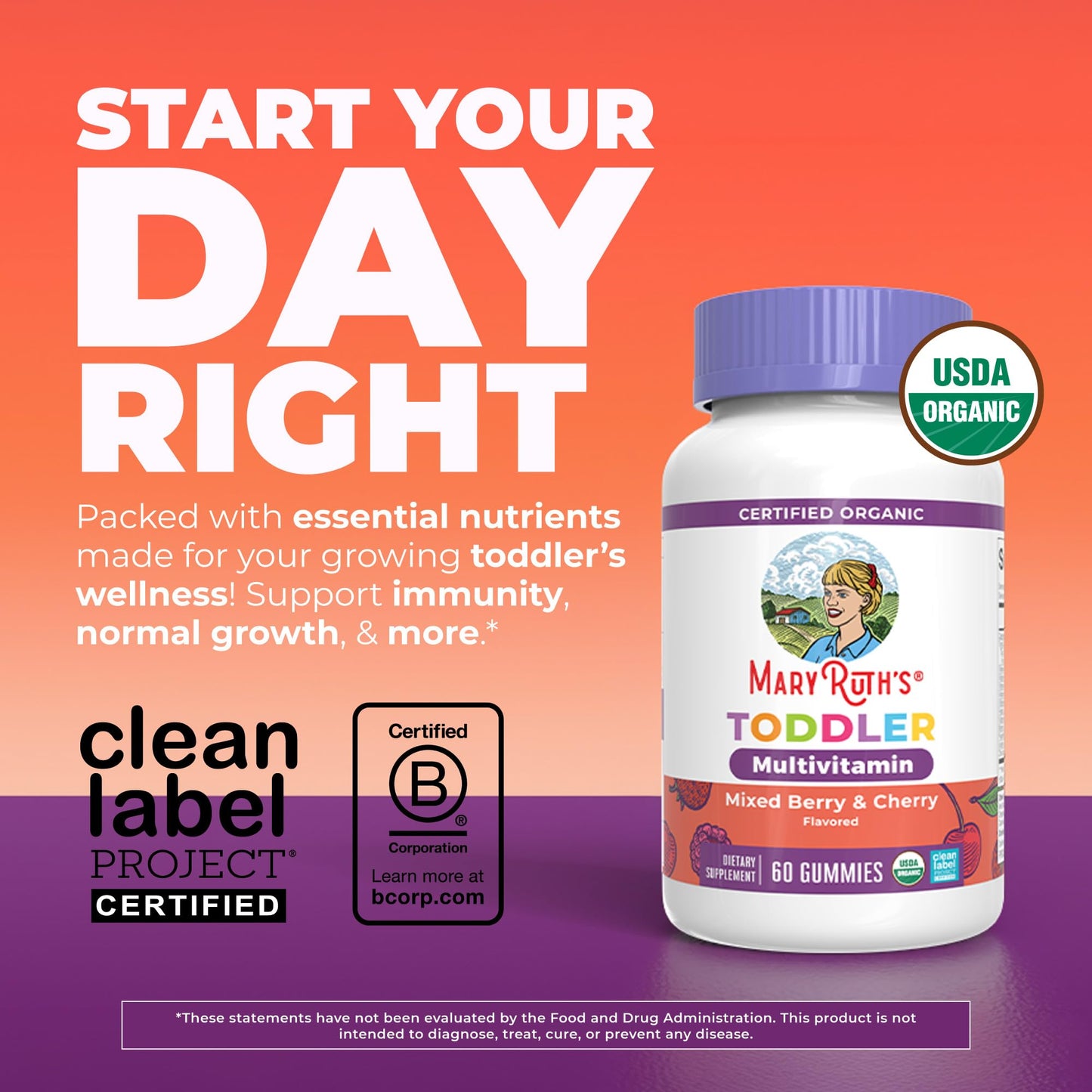 MARYRUTH'S Organic Toddler Multivitamin Gummies | Ages 4+ | Vitamin A, C, D, E, B6, B12, Biotin, Iodine, Zinc | Immunity | Bone & Teeth Health - Maple Wellness Supplements
