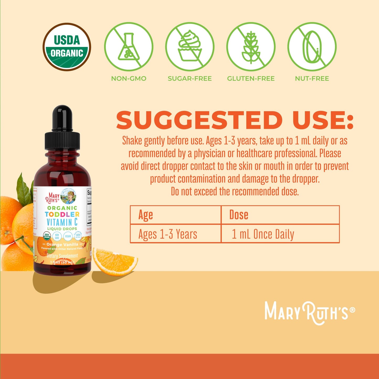 MARYRUTH'S Organic Toddler Vitamin C Drops for Immunity | Ages 1-3 Years | 15 mg Per Serving | Vitamin C for Immune Support & Overall Health | Vegan | Sugar Free - Maple Wellness Supplements