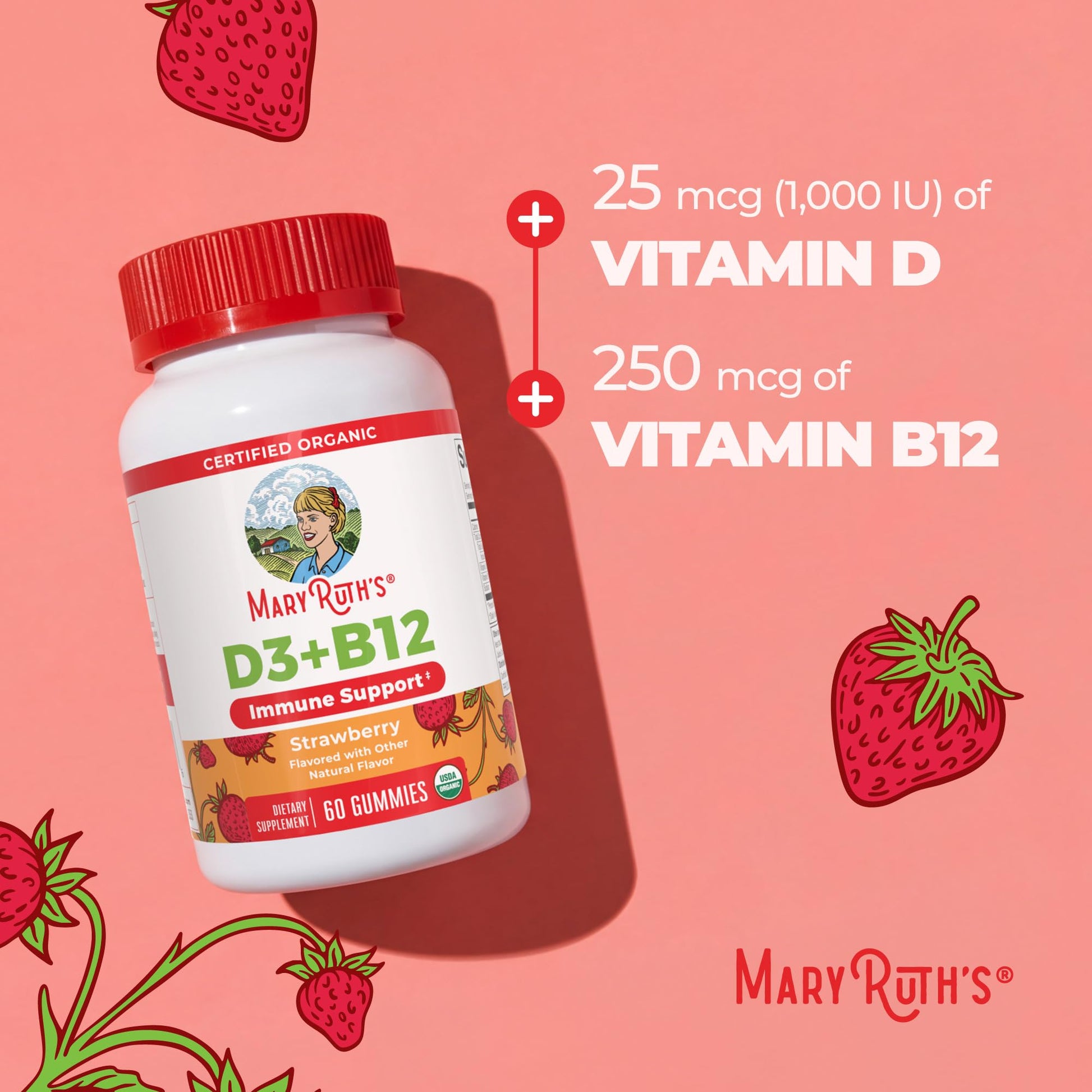 MARYRUTH'S Organic Vitamin D3 + B12 Gummies for Ages 4+ | Bone Health | Immune Support | Energy Metabolism | Cognitive Function | Vegan | Non-GMO - Maple Wellness Supplements
