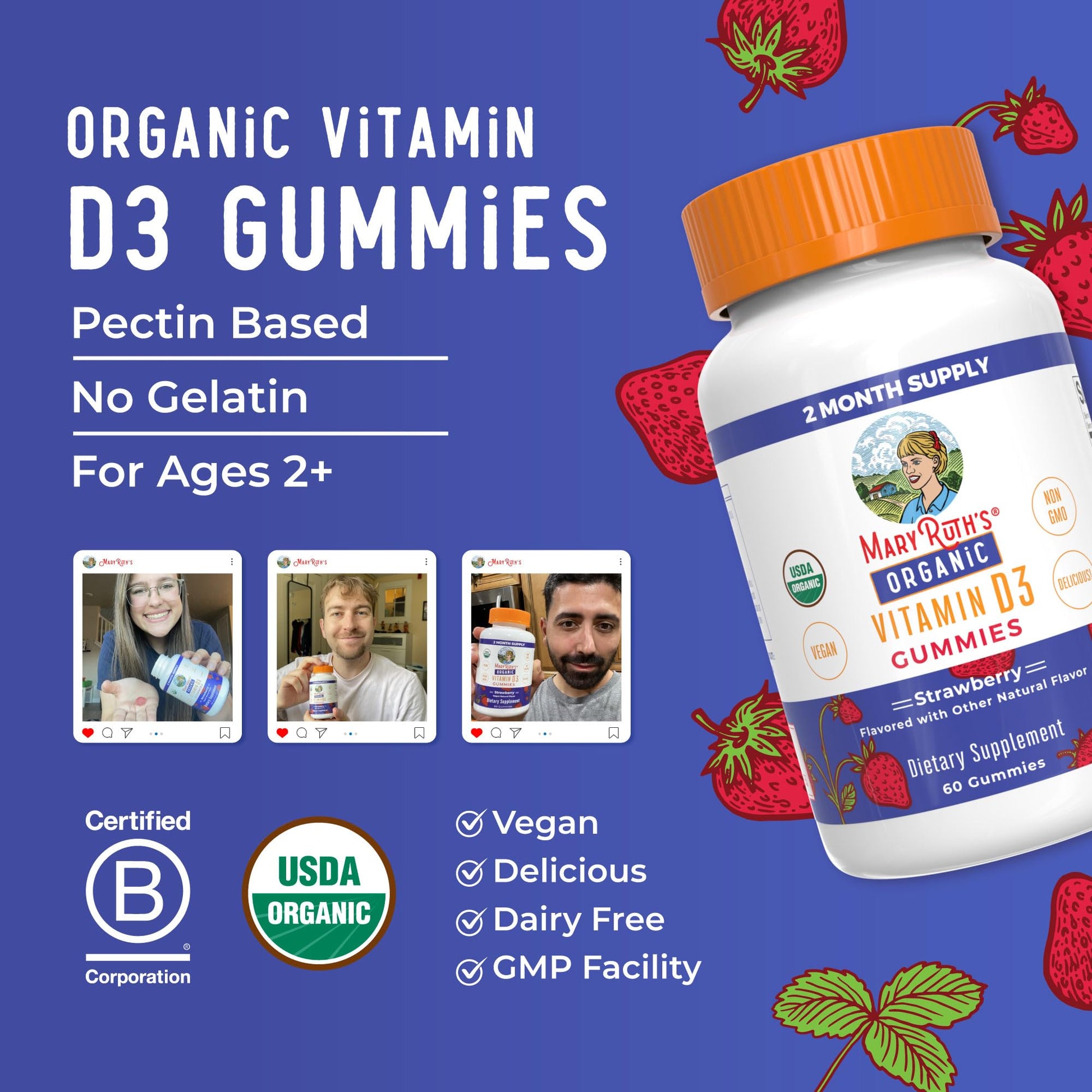 MARYRUTH'S Organic Vitamin D3 Gummies | 1000 IU | USDA Organic | Immune Support| Bone Health | Muscle Function | for Adults & Kids Ages 2+ - Maple Wellness Supplements