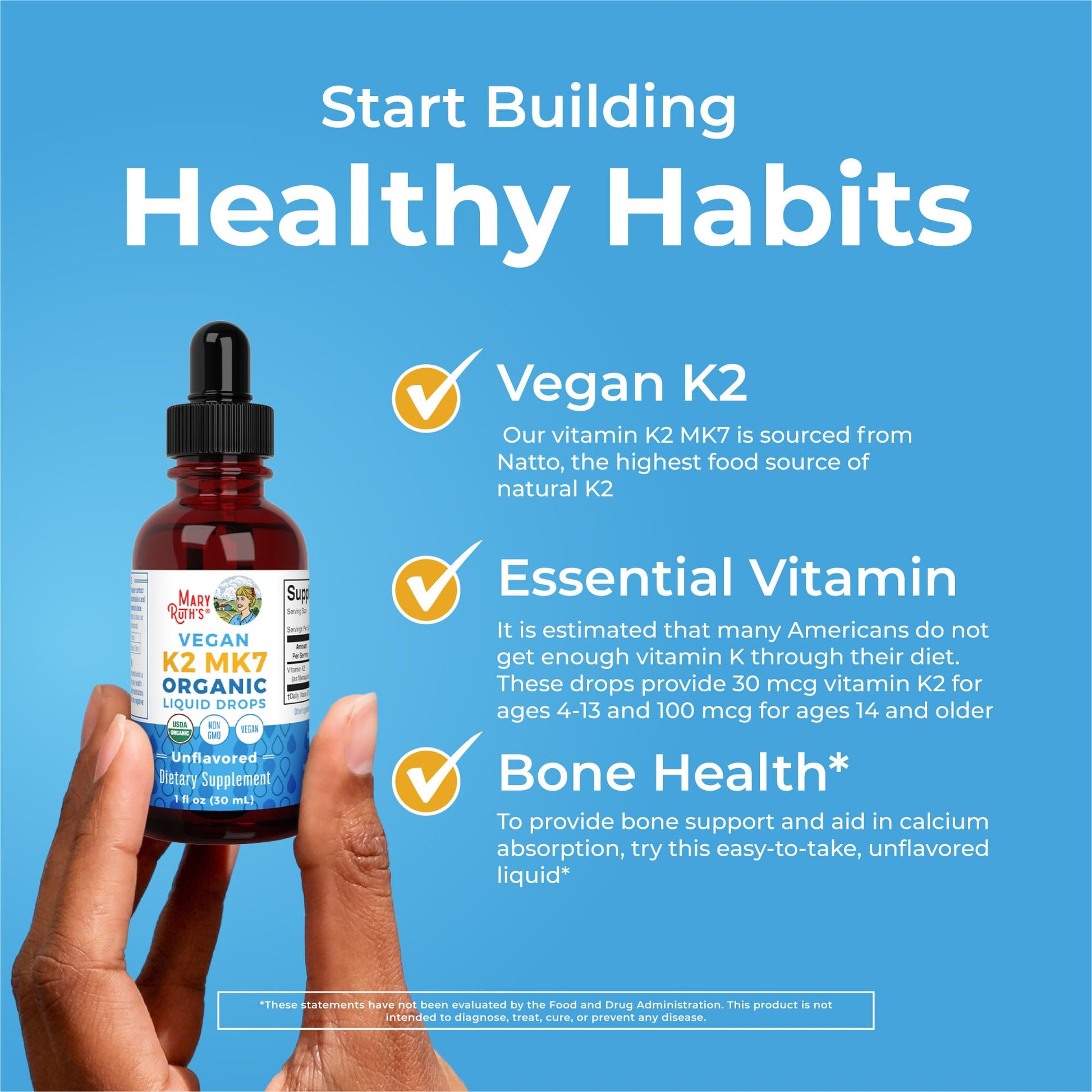 MaryRuth’s USDA Organic Vitamin K2 MK7 Liquid Drops for Adults & Kids | Sourced from Natto | Menaquinone- 7 | Vegan K2 Vitamin for Bone Health & Calcium Absorption | 1oz | Up to 90 Servings - Maple Wellness Supplements