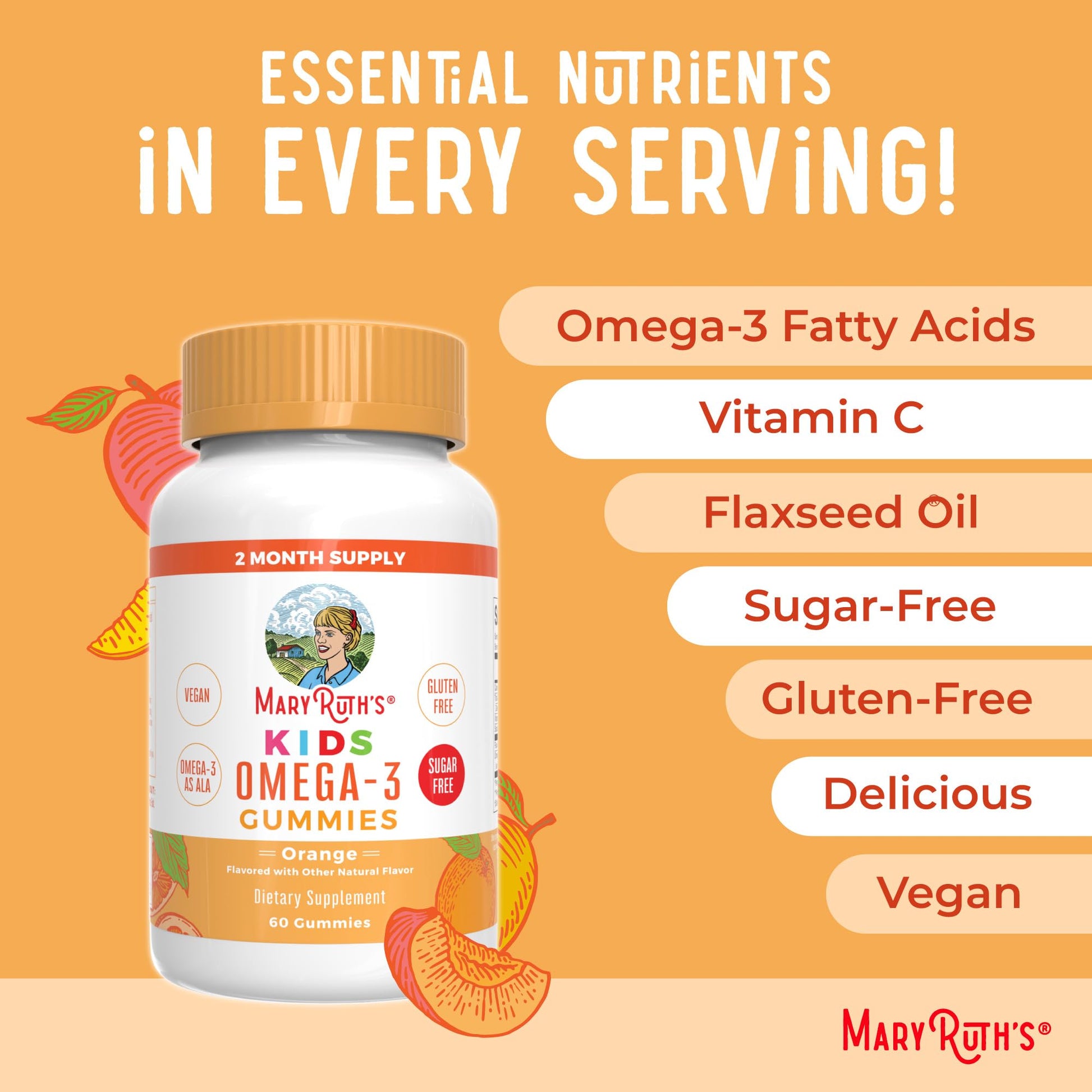 MARYRUTH'S Vegan Omega 3 Gummies for Kids 2+, 2 Month Supply, Sugar Free, Omega 3 Supplement with Vitamin C, Flaxseed Oil, Immune Support - Maple Wellness Supplements